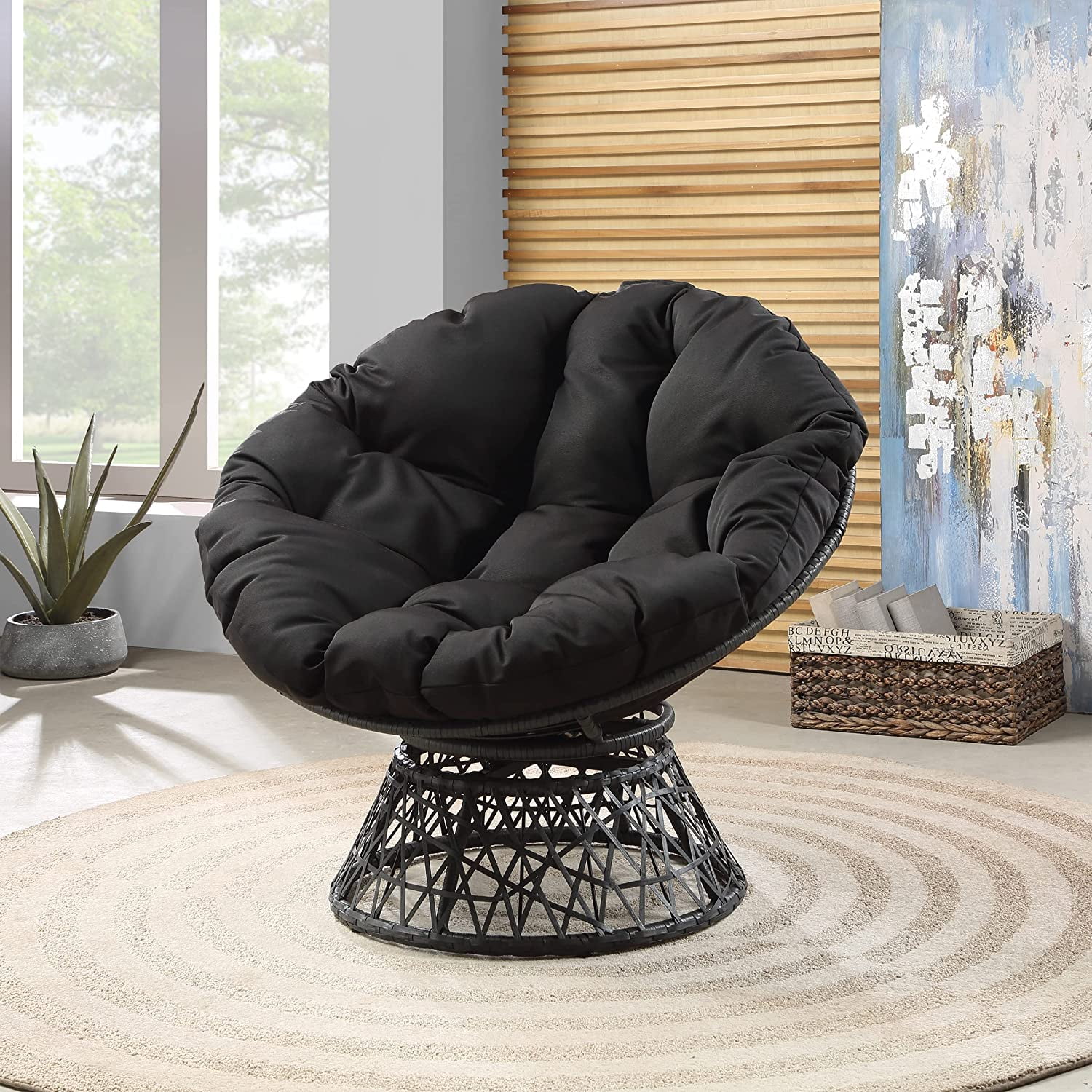 HYUN Wicker Papasan Chair with 360-Degree Swivel, Grey Frame with Black Cushion
