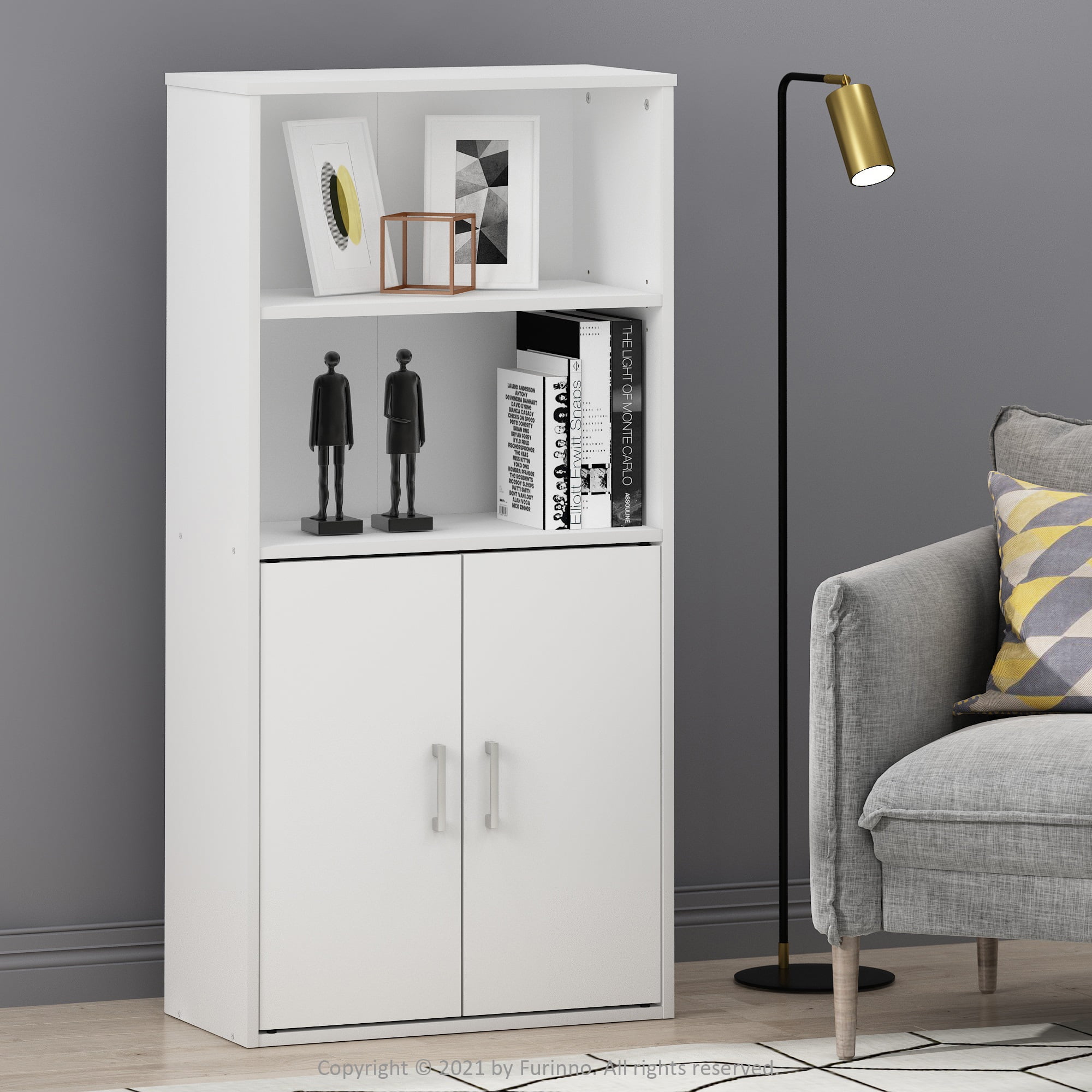 Furinno Pasir Storage Cabinet with 2 Open Shelves and 2 Doors, White