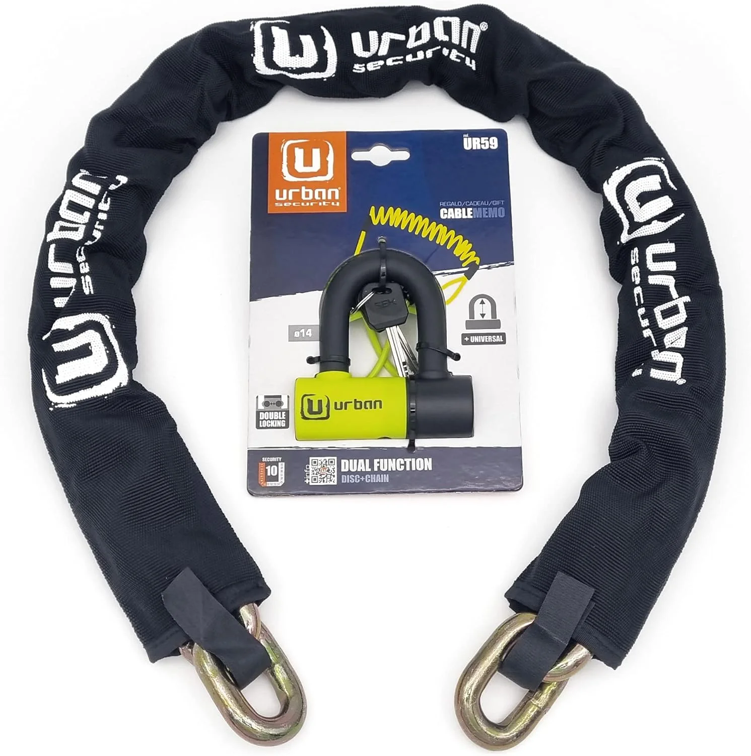 YANRUI UR59K100 Anti-Theft Motorcycle High Security Chain Special Hardened Steel 13.5 mm and Solid Padlock Mini U 14 mm, for Motorcycle Scooter and E-Bike, 100 cm, Black/Yellow