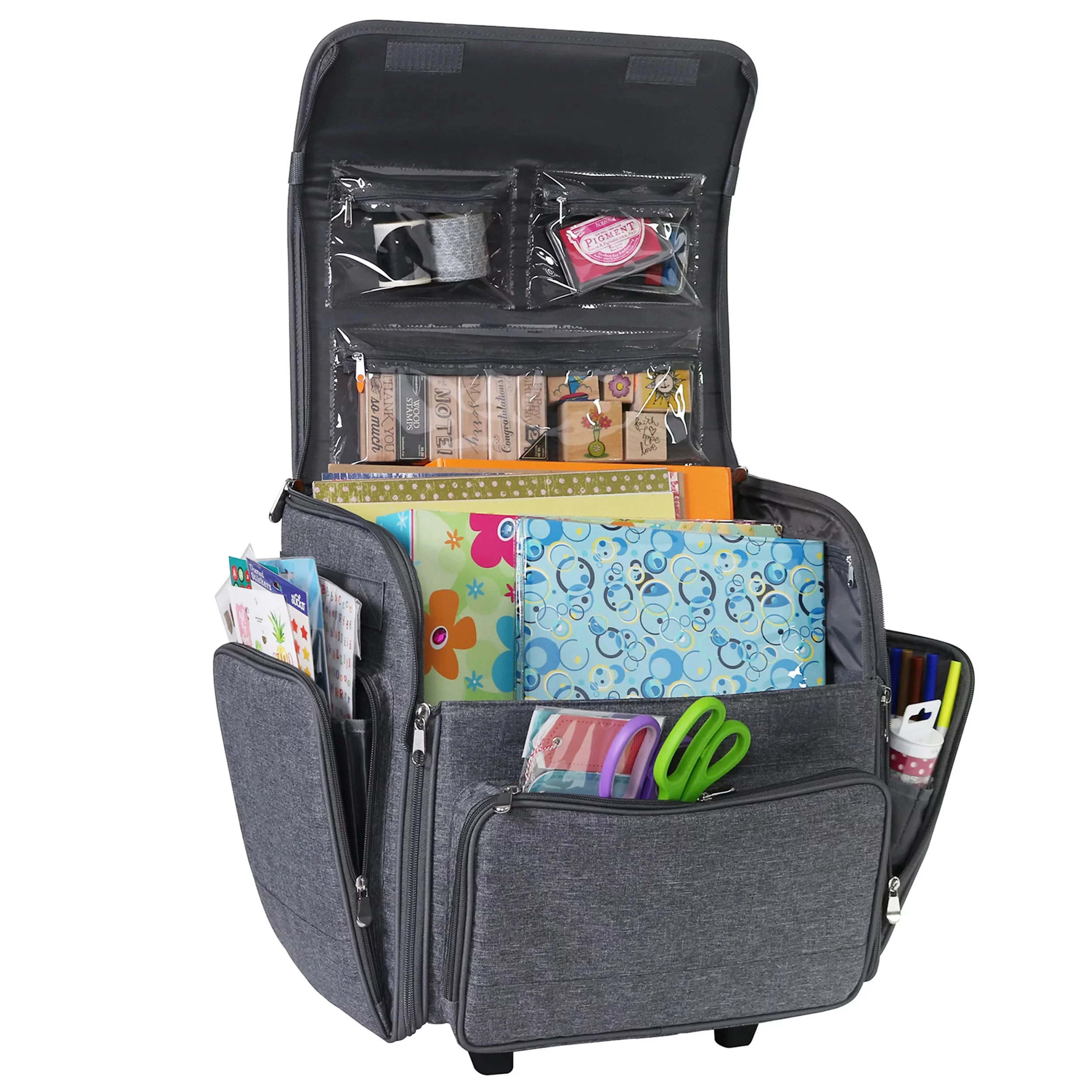 Everything Mary Deluxe Collapsible Rolling Craft Case, Heather, Scrapbook Tote Bag with Wheels for Scrapbooking & Art, Travel Organizer Storage for IRIS Boxes, For Teachers & Medical