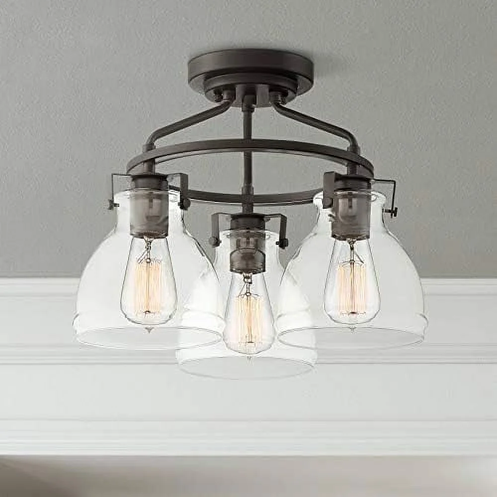JDZHAPPYLIFE Bellis Industrial Rustic Farmhouse Ceiling Light Semi Flush-Mount Fixture 14 1/2" Wide Bronze 3-Light Clear Glass Shade for Bedroom Kitchen Living Room Hallway Dining Roo