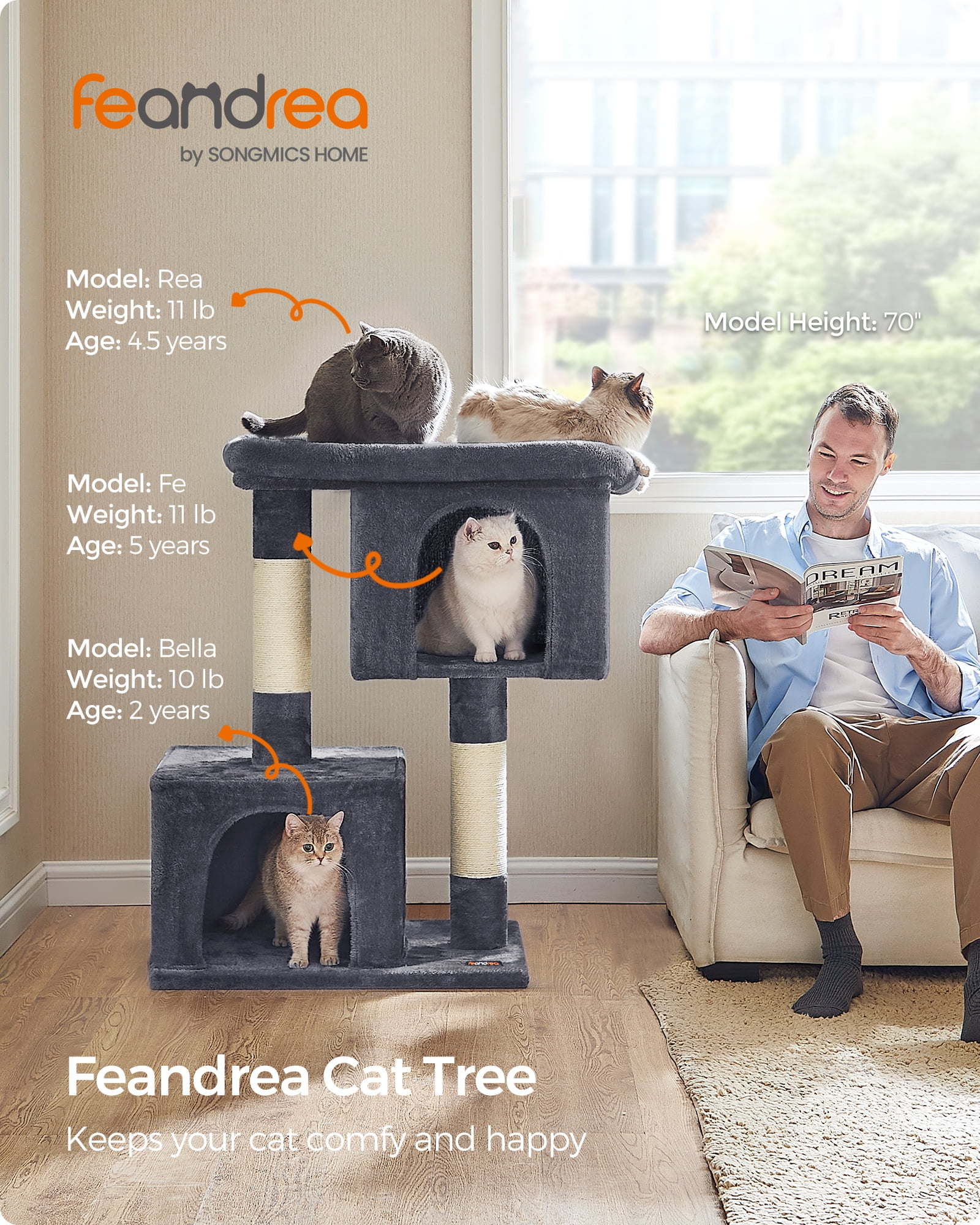 Feandrea Cat Tree 39.8-Inch XL Cat Tower for Extra Large Cats up to 44 lb, Cat Condo with Large Perch, 2 Cat Caves, Scratching Post, Smoky Gray