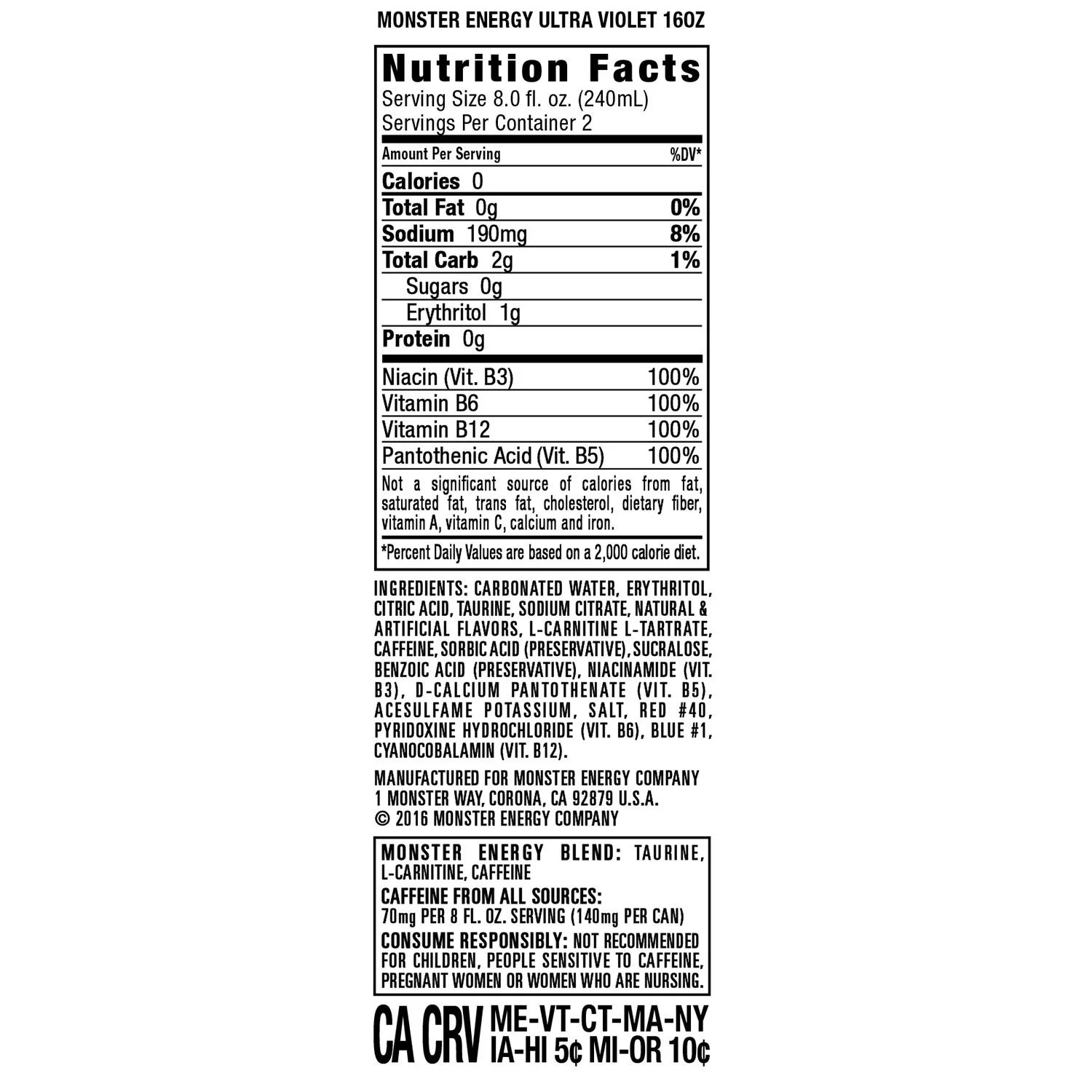 (24 Cans) Monster Ultra Violet, Sugar Free Energy Drink, 16 fl oz