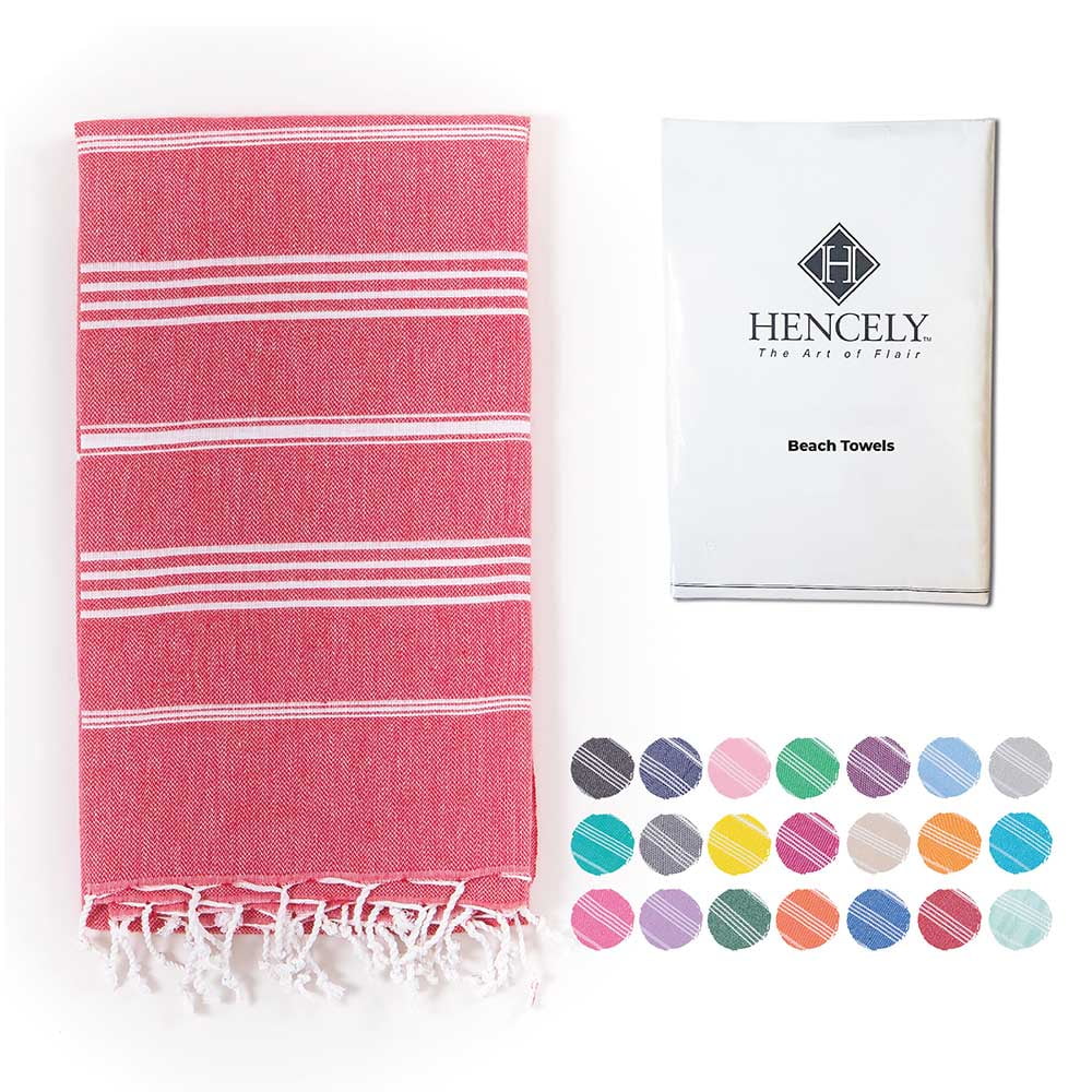 Hencely Large Beach Towel 37x70 inch Striped 100% Turkish Cotton - Red