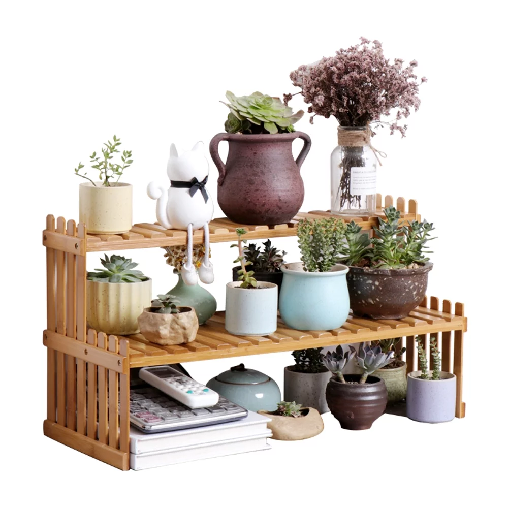ODOMY Tabletop Natural Bamboo Plant Stand-2 Tier Desktop Shelf Rack