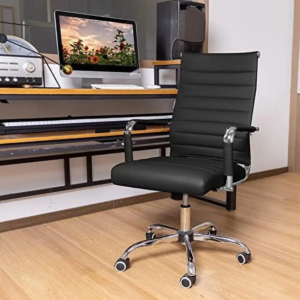 TJUNBOLIFE Ergonomic Office Desk Chair  Modern PU Leather Conference Room Chairs Ribbed  High Back Executive Swivel Rolling Chair for Home  Office