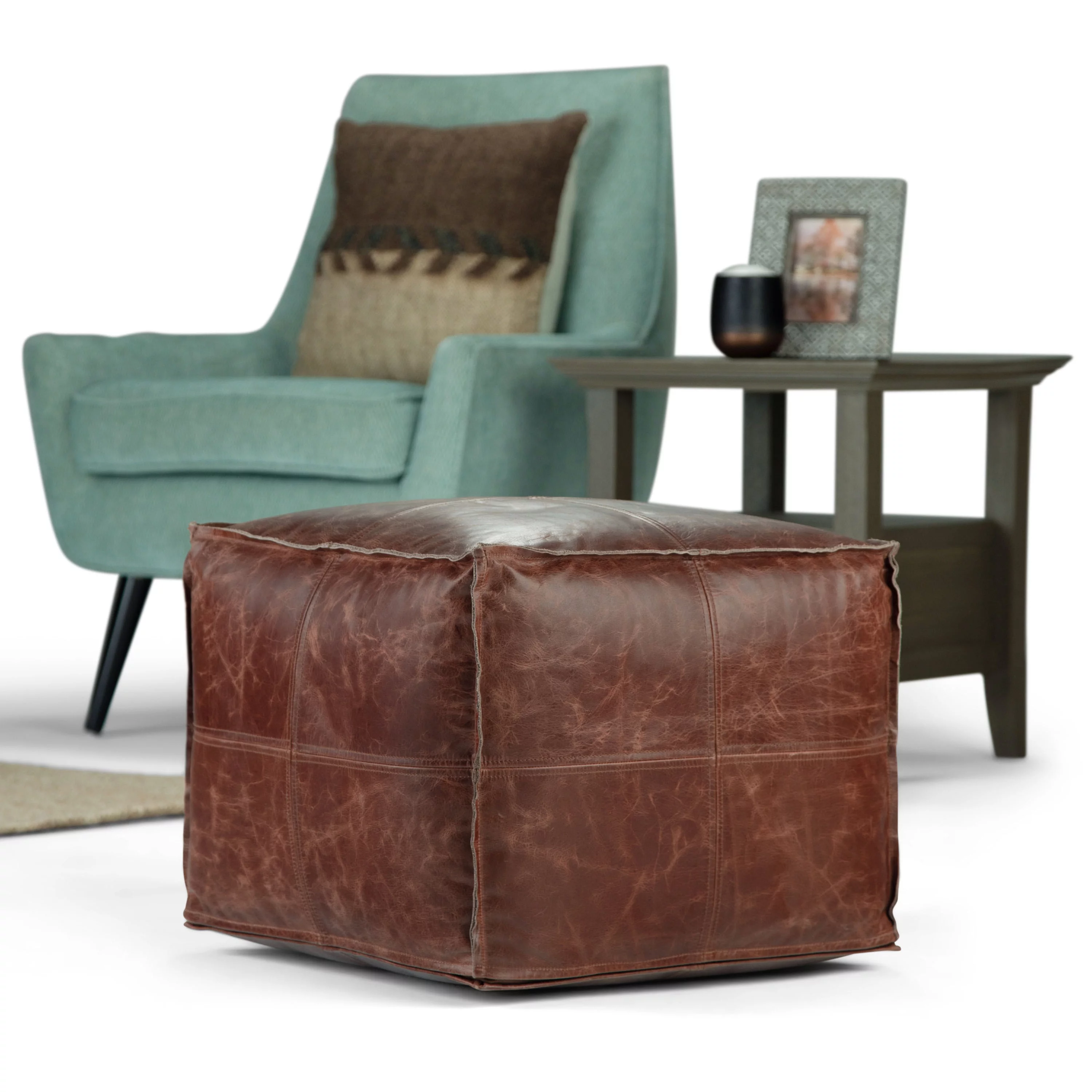 WyndenHall  Erving Boho Square Pouf in Leather Brown