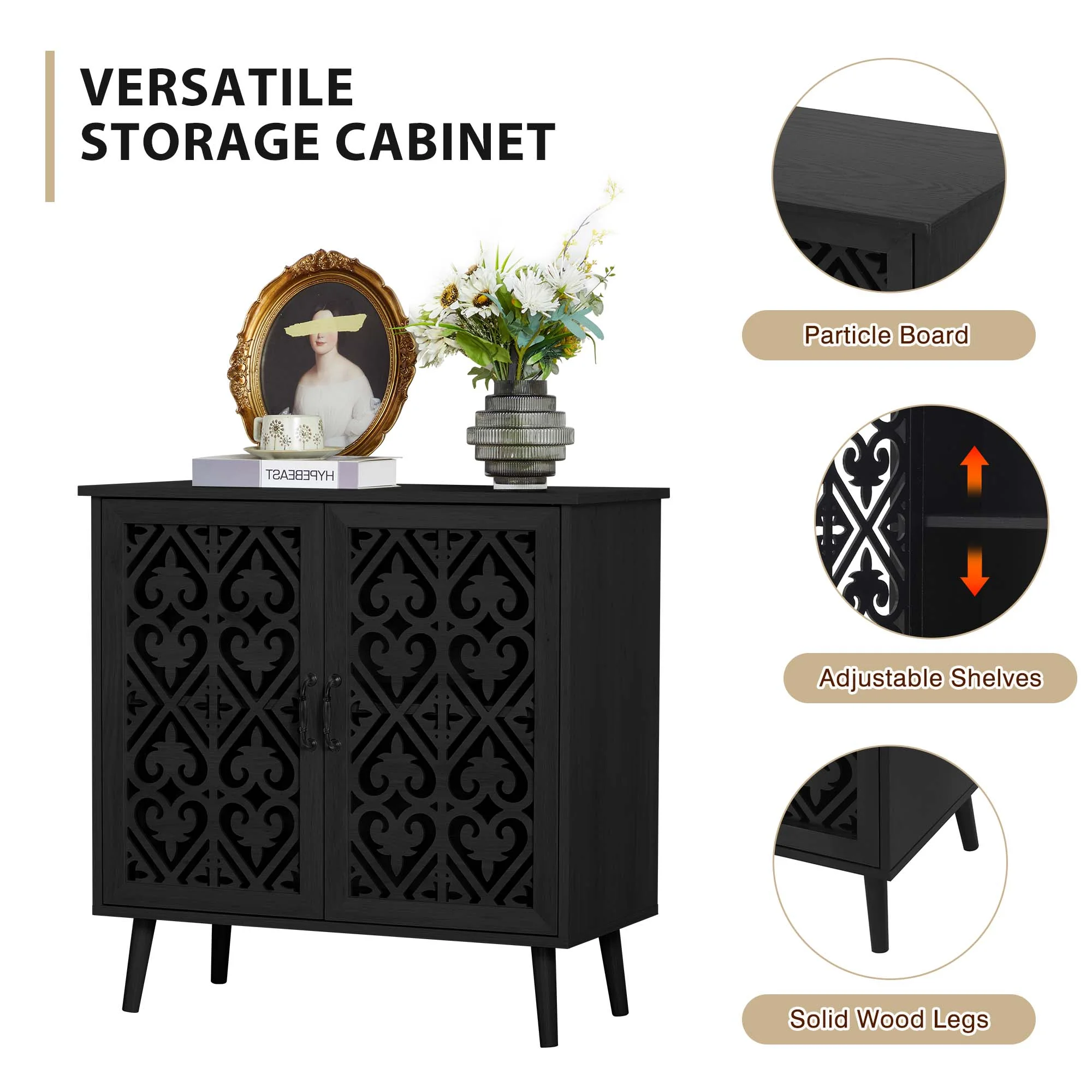 Giratree Storage Cabinets with 2 Doors, Hollow-Carved Wood Accent Cabinets, Black