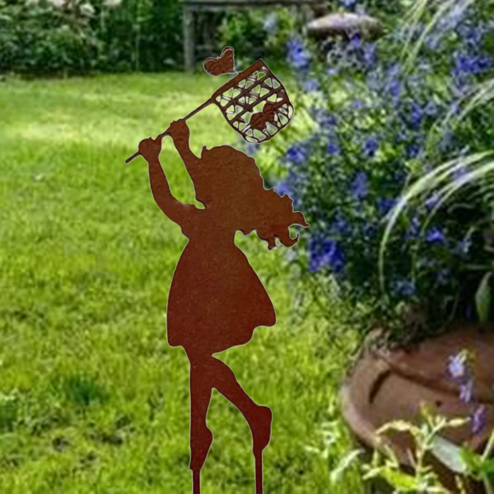 Silhouette Stake Garden Silhouette Lawn Outdoor Patio Home Decor Iron Children Chasing Butterfly Decorations Statues for Yard Garden Lawn - Girl