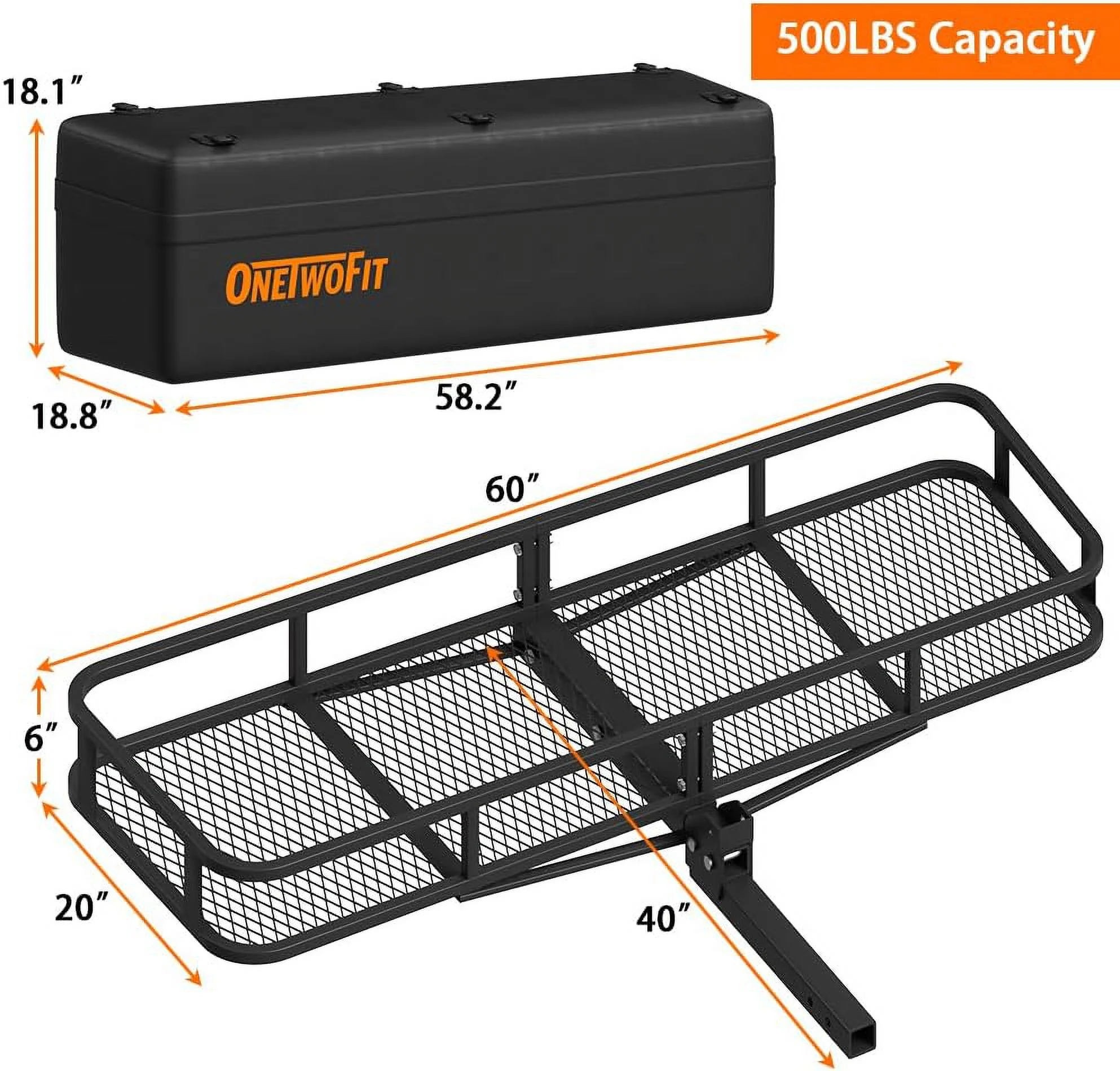 YANPO Hitch Mount Cargo Carrier, 60x20x6 Folding Hitch Rack, 500 Lbs Steel Trailer Hitch Cargo Carrier, Tow Hitch Cargo Basket with Waterproof Bag, Hitch Stabilizer, Ratchet Straps, Net