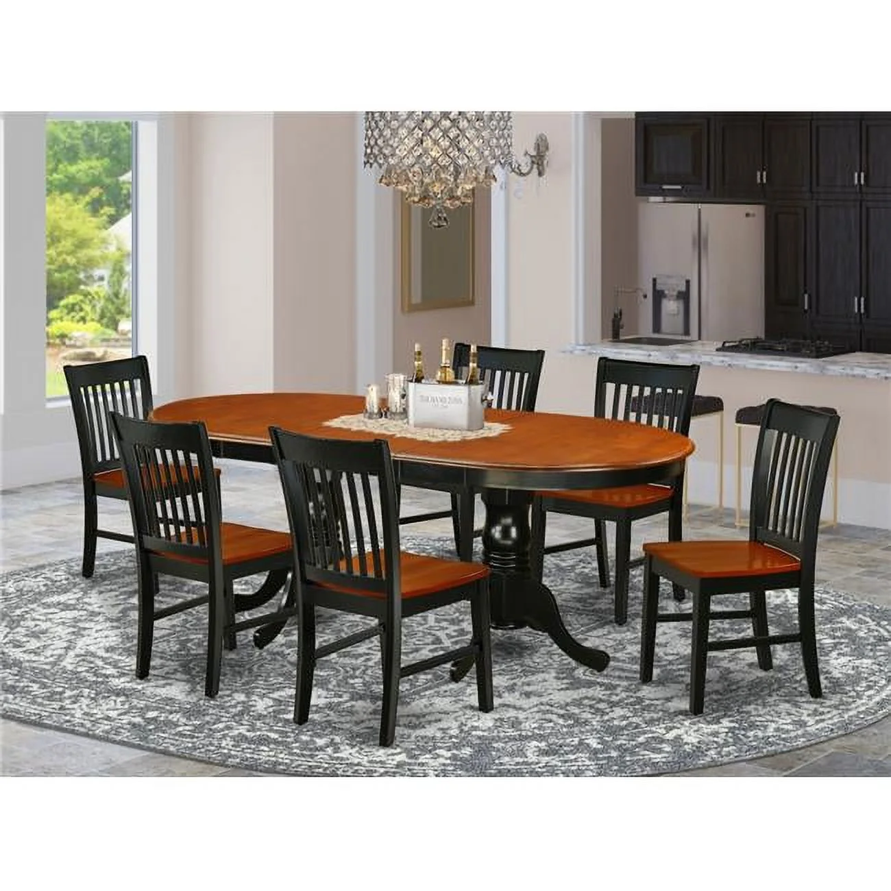 60-78 in. Plainville Oval Dinner Table with 18 in. Leaf & Six Wood Seat Kitchen Chairs - Black & Cherry, 7 Piece