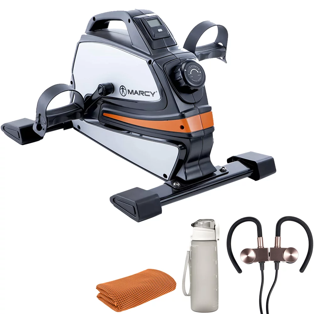Marcy NS-9200 Portable Magnetic-Mini Cycle, Compact Cardio Exerciser Bundle with Deco Gear Magnetic Wireless Sport Earbuds + Workout Cooling Sport Towel + Deco Essentials 27 Ounce Water Bottle