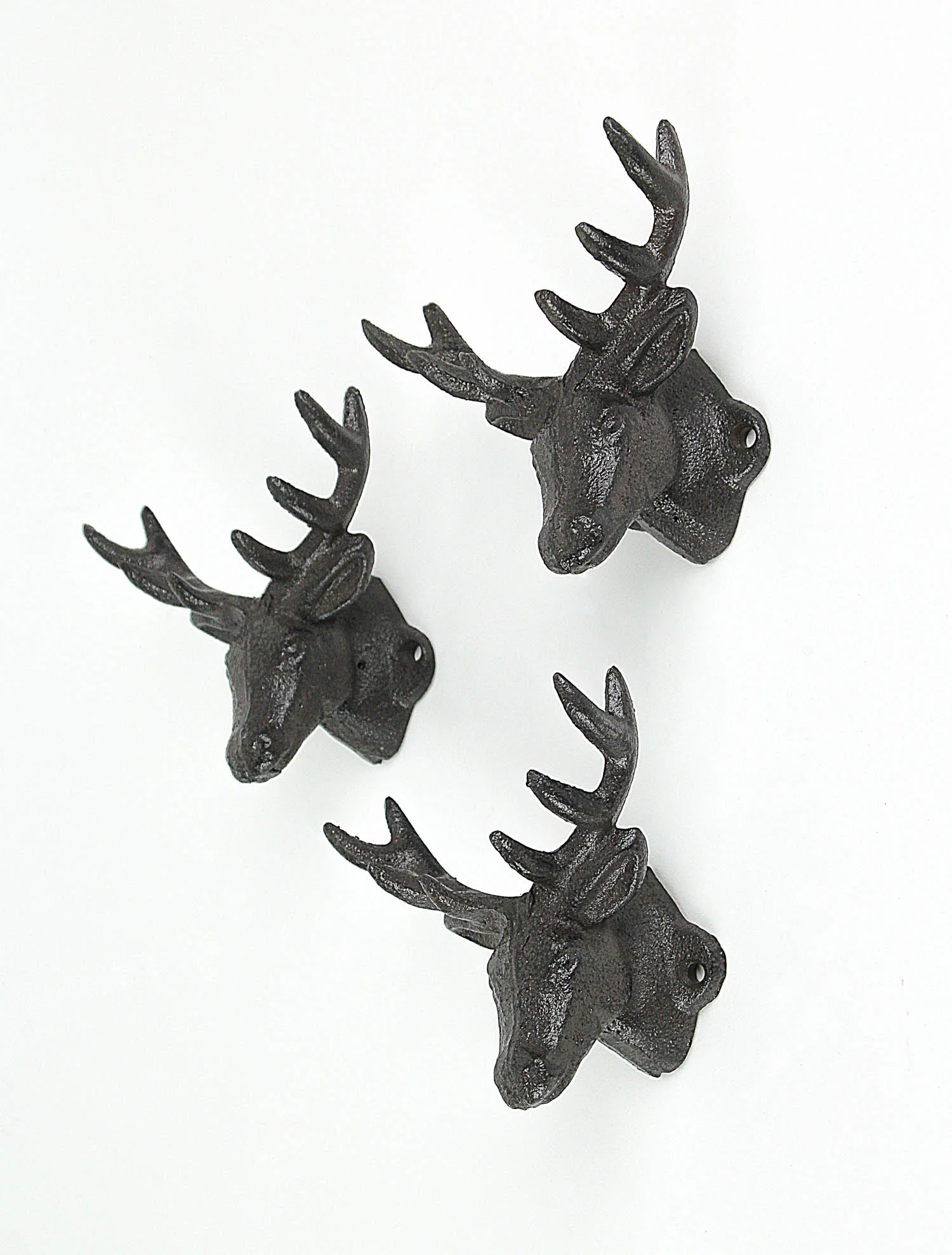 Zeckos Brown Cast Iron Deer Head Decorative Wall Hooks Set of 3