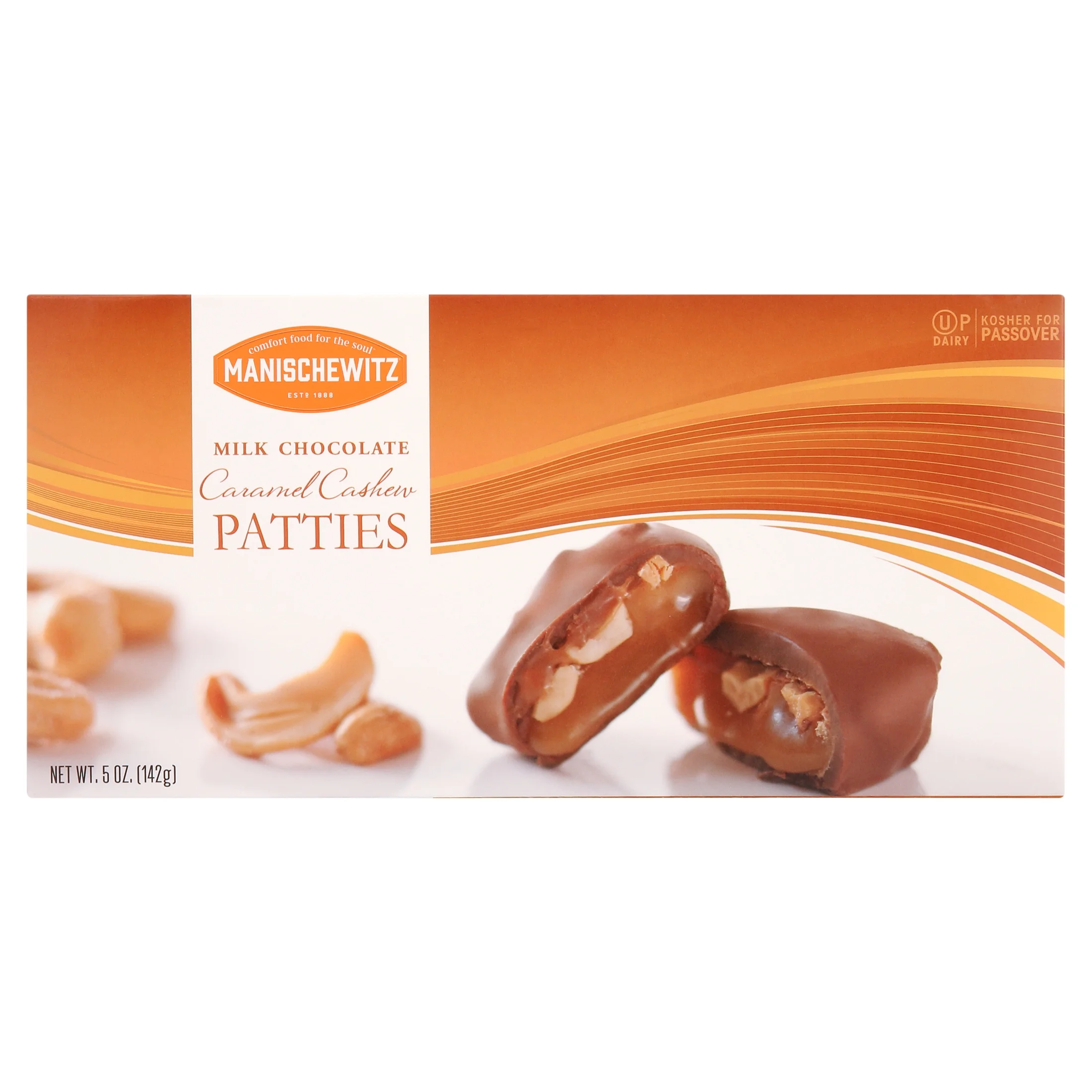 Manischewitz Milk Chocolate Caramel Cashew Patties 5oz | Rich & Creamy, Wonderful Nutty Flavor, Perfect for Gifting, Kosher for Passover