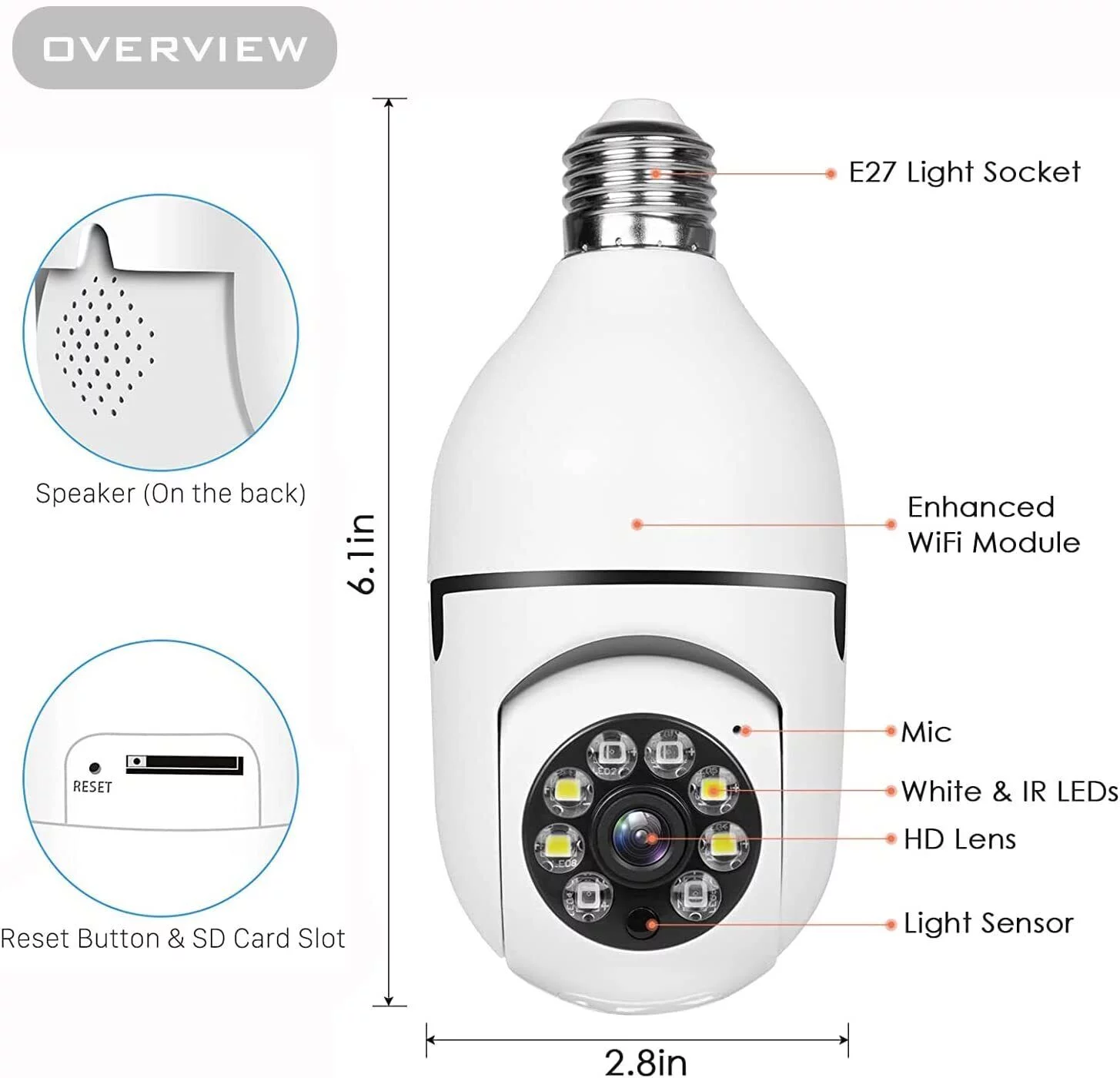 360° Light Bulb Camera, 1080P Wireless Home Security Camera, Outdoor Surveillance Camera with Light Bulb