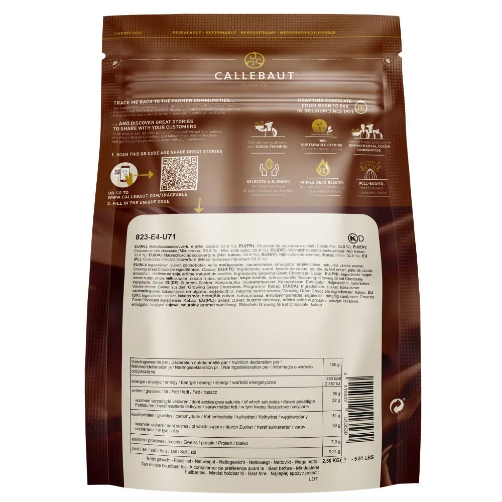Belgian Milk Chocolate Baking Callets (Chips) - 33.6% - 1 bag, 5.5 lbs