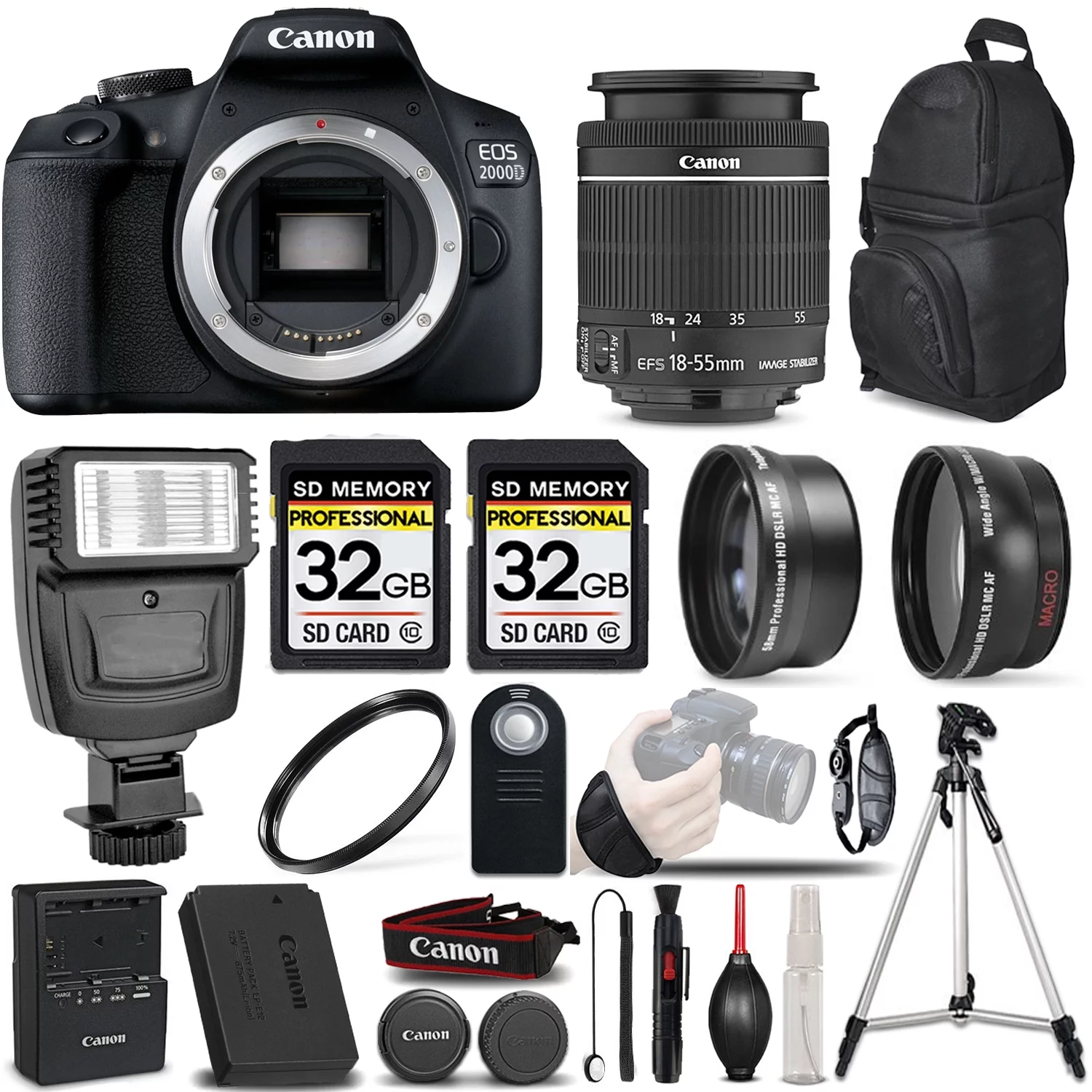 Canon EOS 2000D (Rebel T7) DSLR Camera + Canon EF-S 18-55mm f/3.5-5.6 IS STM Lens - 3 Lens Kit + 64GB Storage + Pro Flash - All Original Accessories Included - International Version