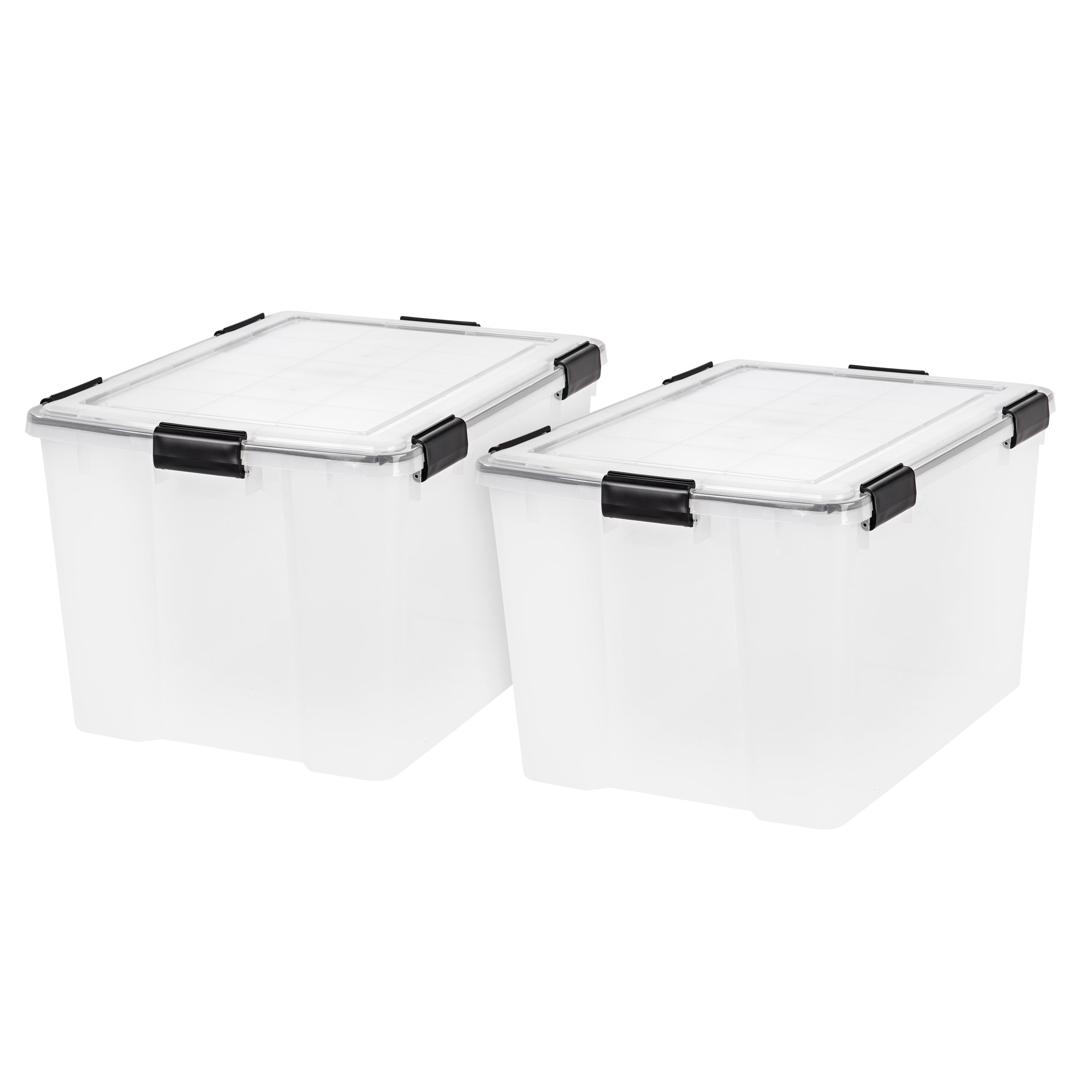IRIS USA 74 Qt Storage Box with Gasket Seal Lid, 2 Pack - BPA-Free, Made in USA - Heavy Duty Moving Containers with Tight Latch, Weather Proof Tote Bin, WEATHERPRO - Clear/Black
