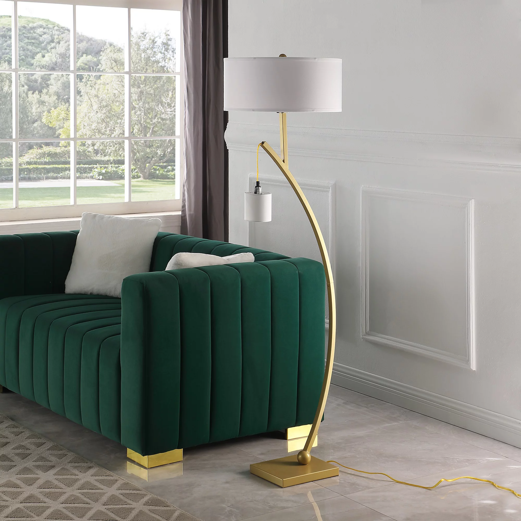 ORE International HBL2777 59 in. Contemporary Dual Arc with Hanging Pendulum Metal Floor Lamp, Gold