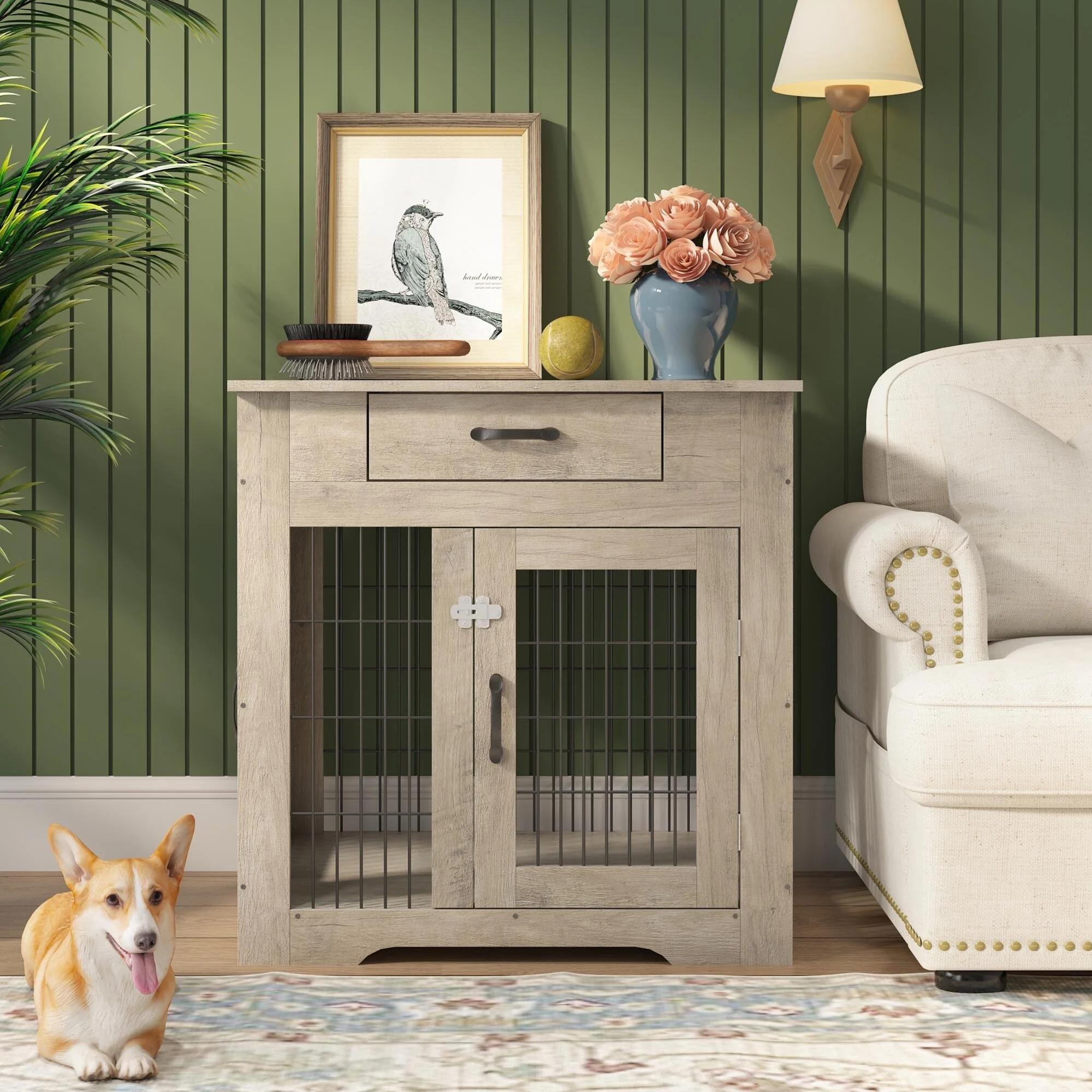 Multi-functional Dog Crate End Table with Drawer,Pet Kennels with Double Doors