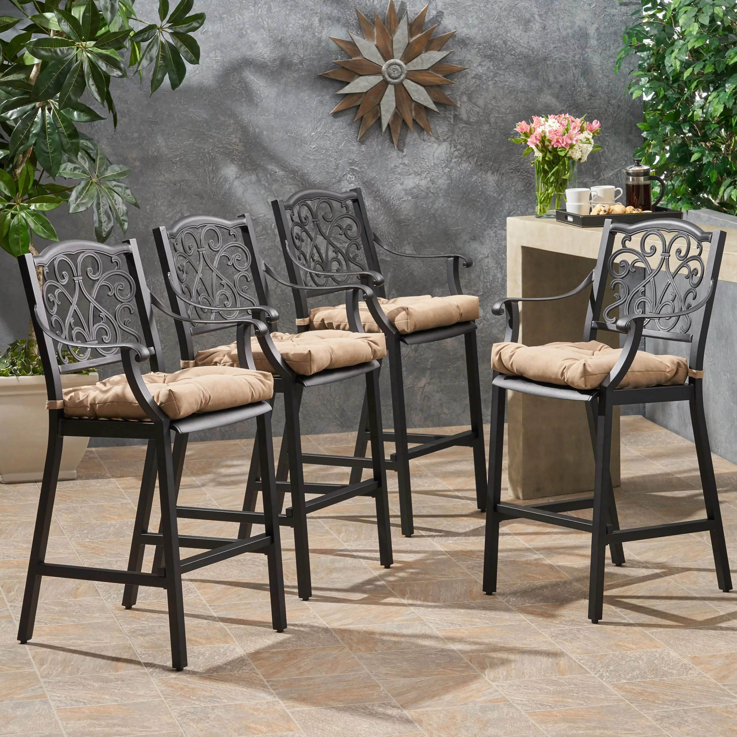 Vallarta Outdoor Barstool with Cushion (Set of 4) Antique Matte Black/Tuscany