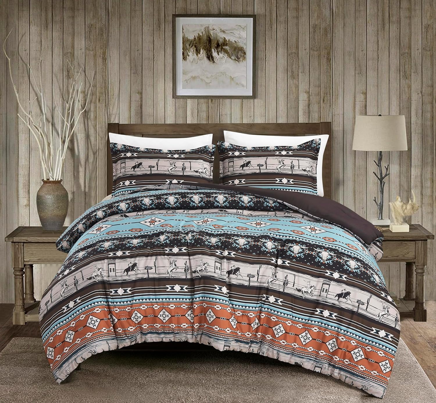 Chezmoi Collection Sawyer 3-Piece Southwestern Cowboys Rodeo Comforter Set, Multicolor Blue Brown Beige Clay Printed Washed Microfiber Bedding, Twin