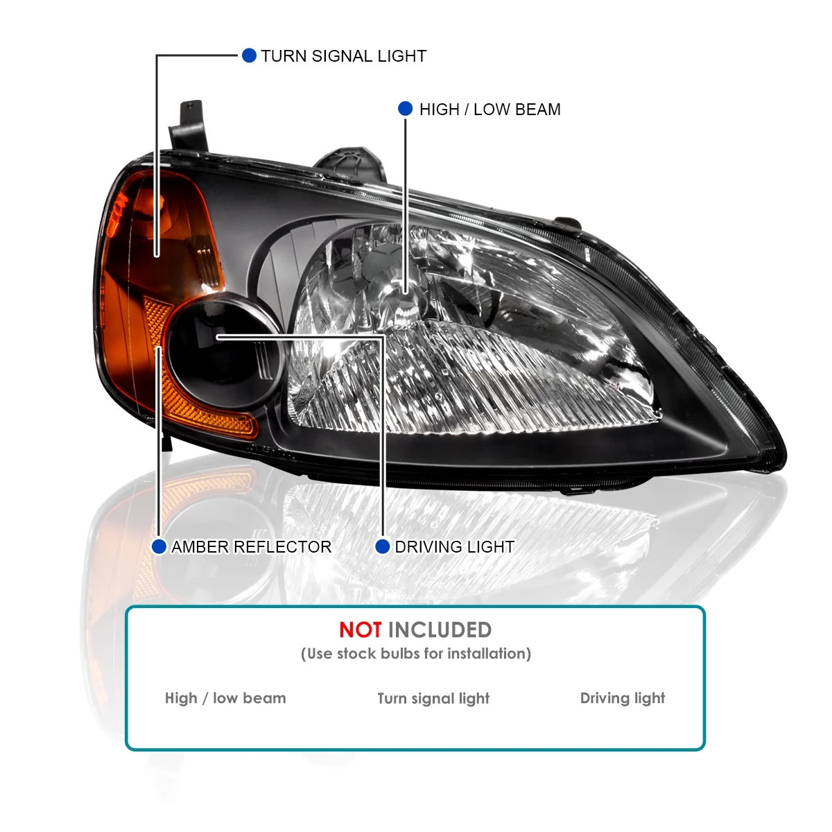 Spec-D Tuning Black Housing Headlights Compatible with 2001-2003 Honda Civic LX EX L+R Pair Head Light Lamp Assembly