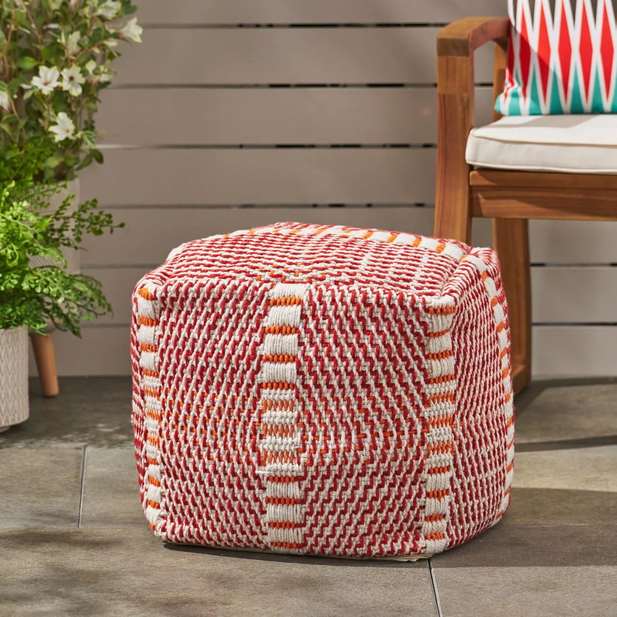 Dexter Bay Outdoor Handcrafted Boho Water Resistant Cube Pouf, Red and Orange