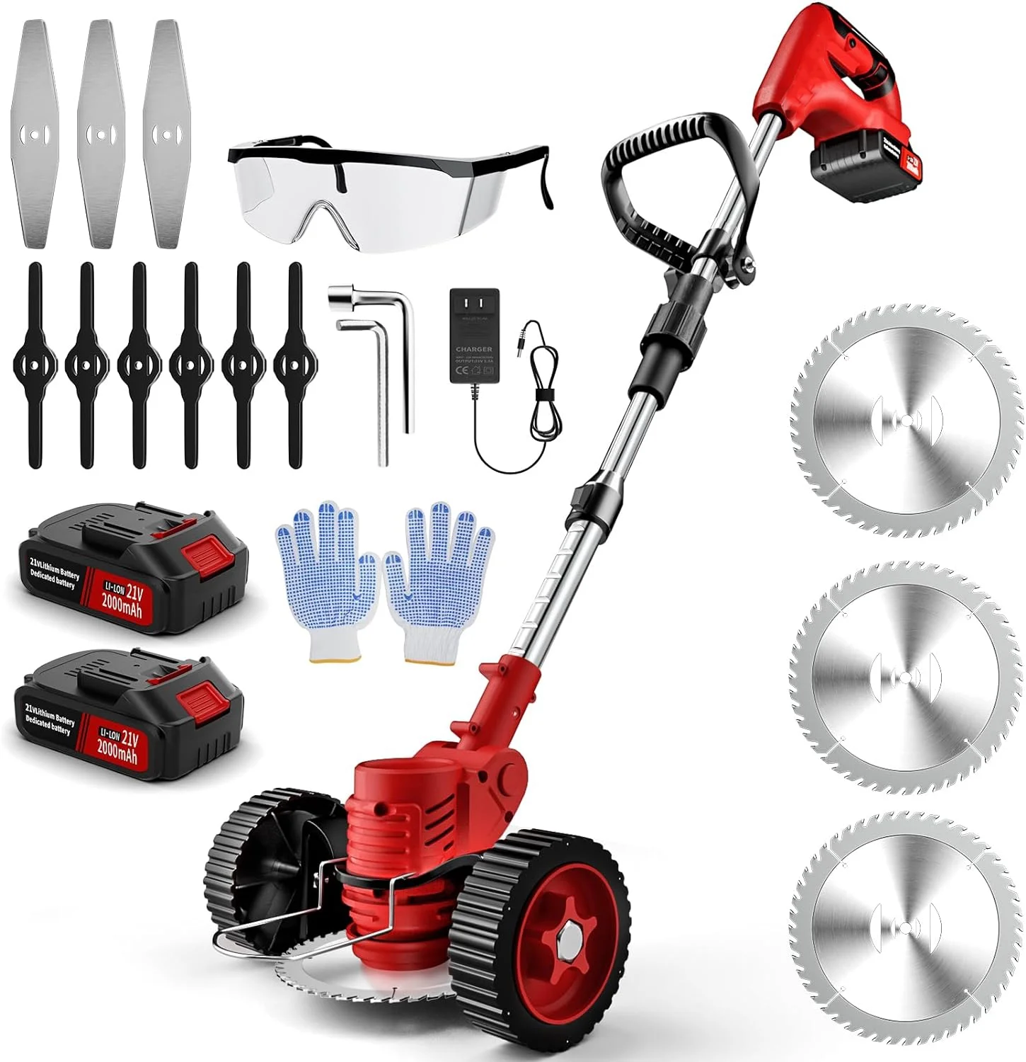 Electric Cordless Weed Wacker, 3-in-1 Small Lightweight Push Lawn Mower Edger Lawn Tool, Grass Trimmer Brush Cutter with 3 Types Blades and 2Pcs 2Ah Rechargeable Battery Powered for Garden Yard