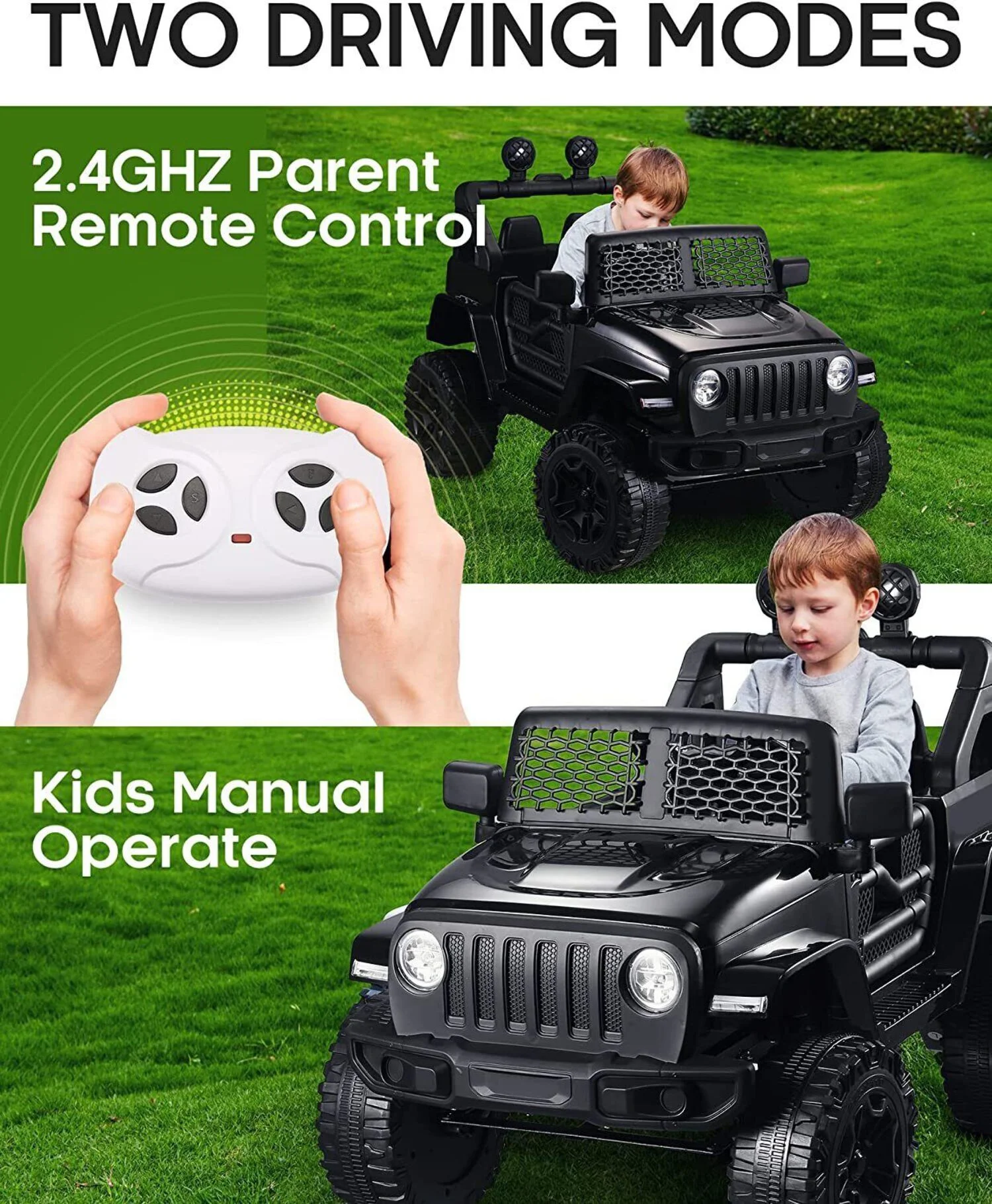 Jeep 24V/12V Kids Electric Ride-On Car with Remote Control, 3 Speeds, and LED Lights