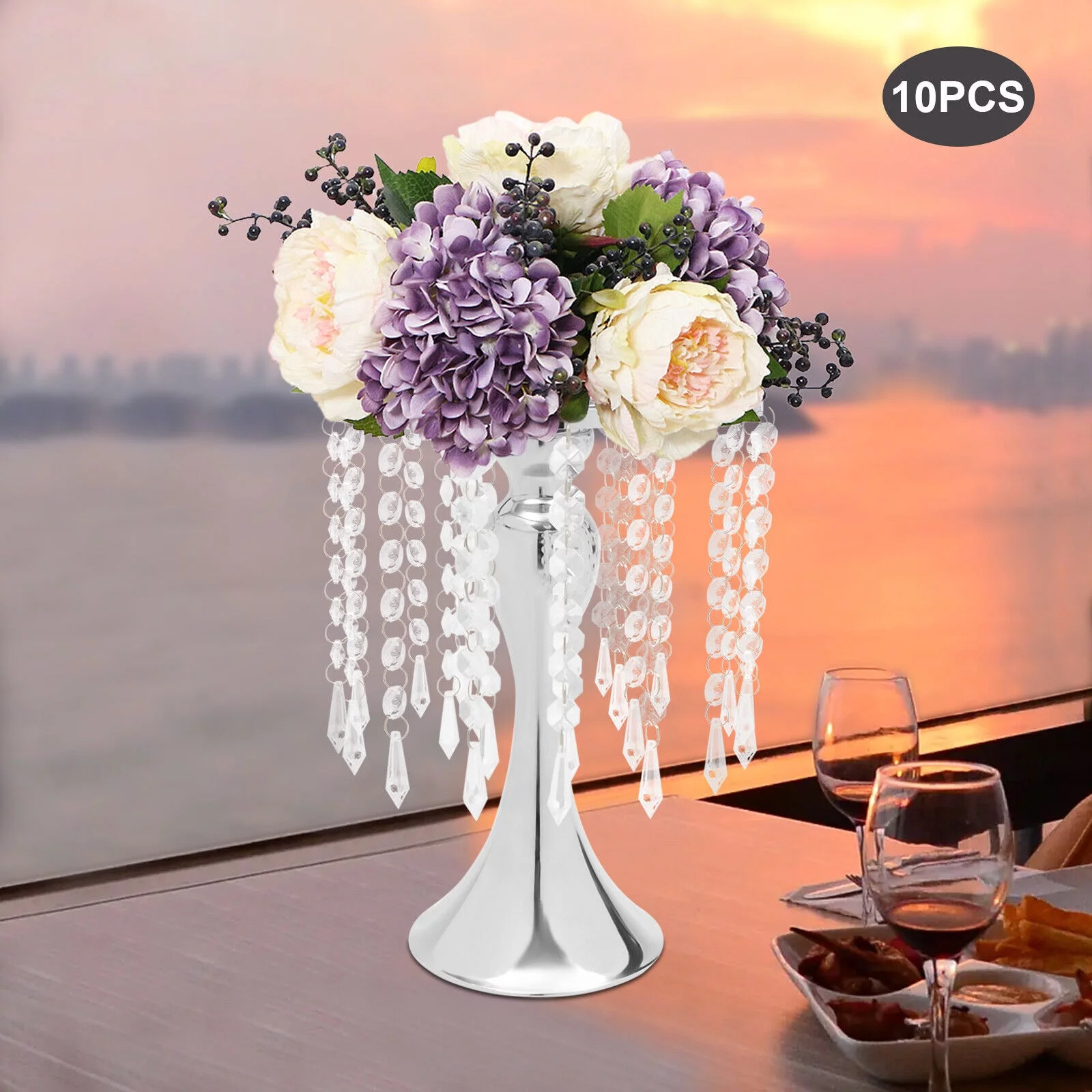 Silver Metal Flower Vases Crystal Flower Stand Wedding Centerpieces Party 10pcs