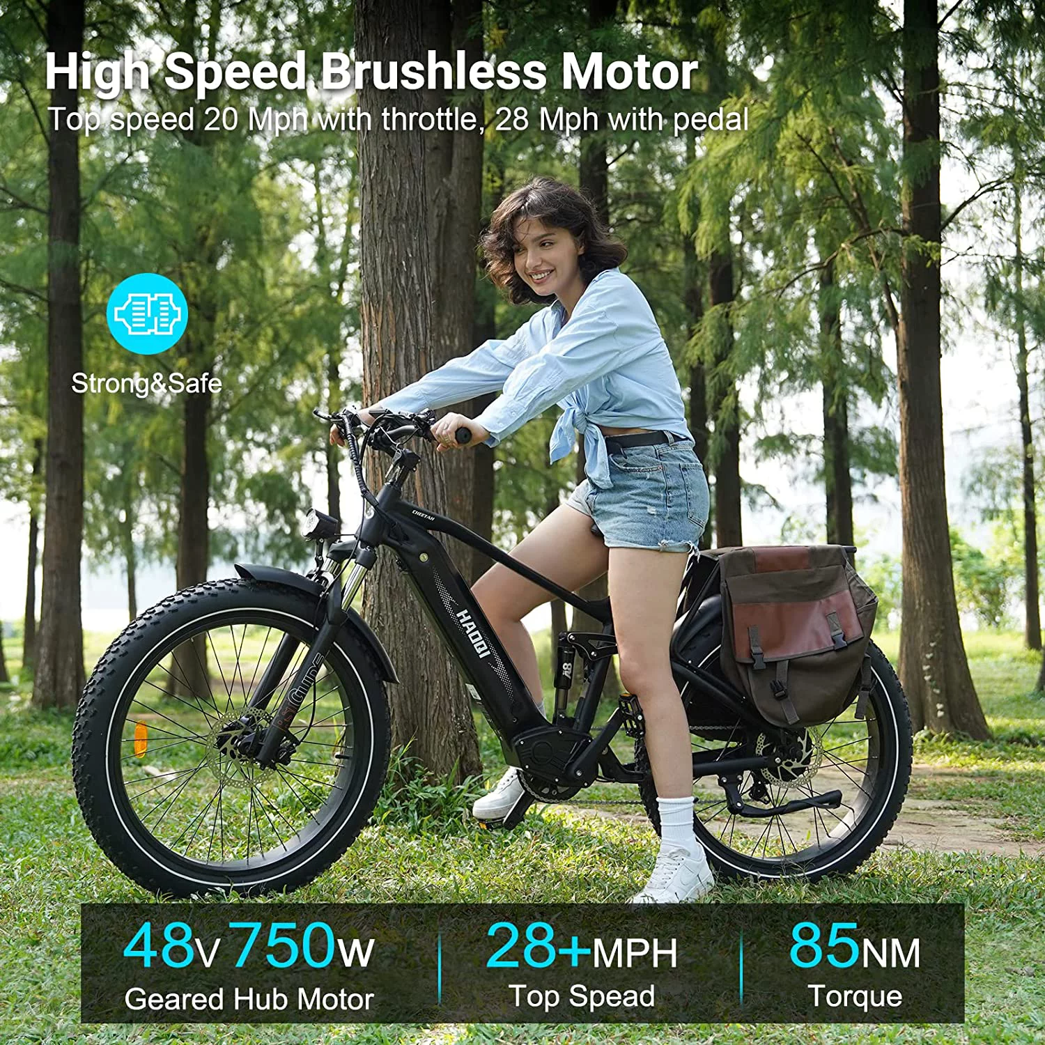 HAOQI Black Cheetah Electric Bike for Adults, 48V 25Ah Removable Dual Batteries Ebike, 750W Brushless Motor up to 28MPH, Shimano 7-Speed, 26