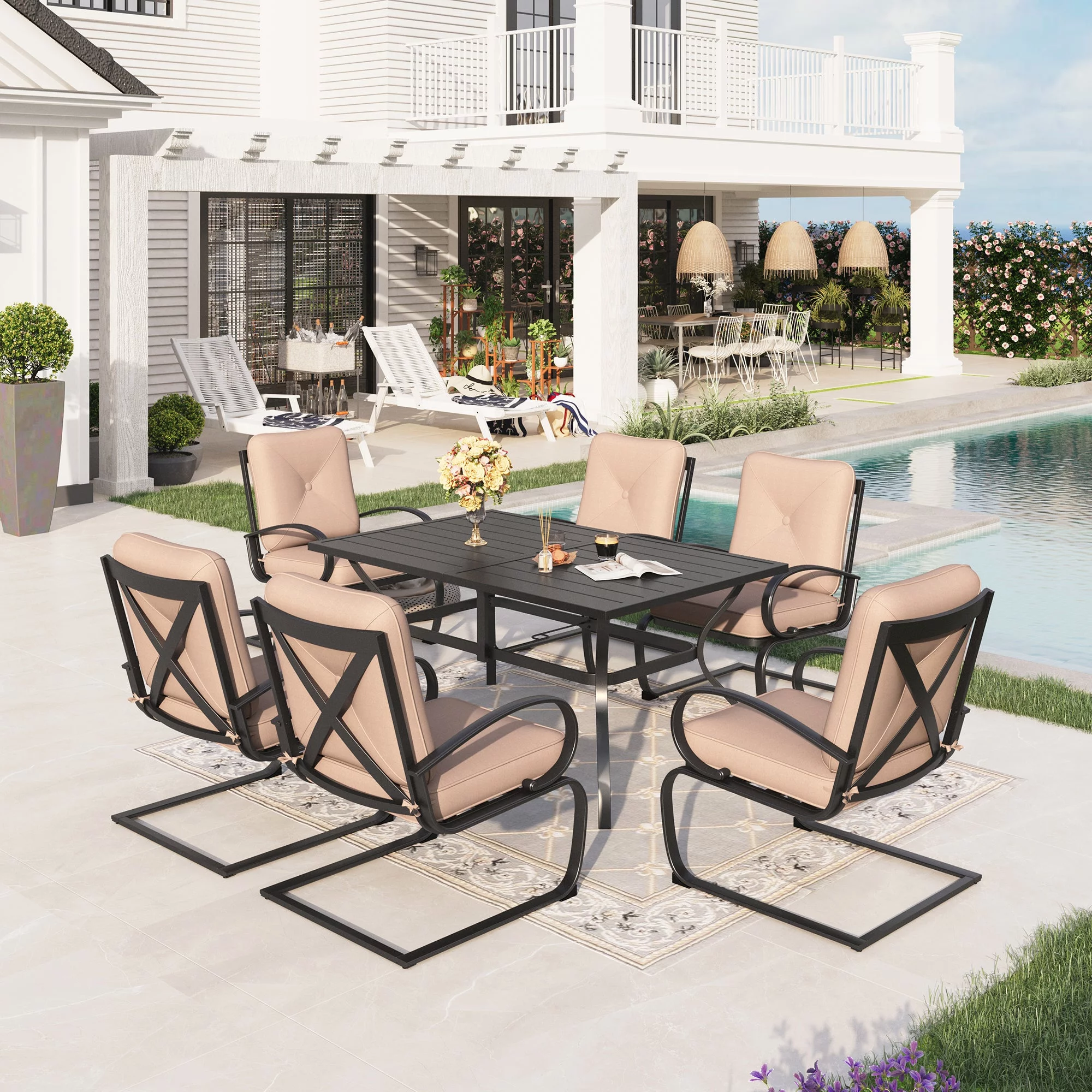 Sophia&William 7-Piece Outdoor Patio Dining Set C-Spring Padded Chairs and Table Conversation Set, Beige