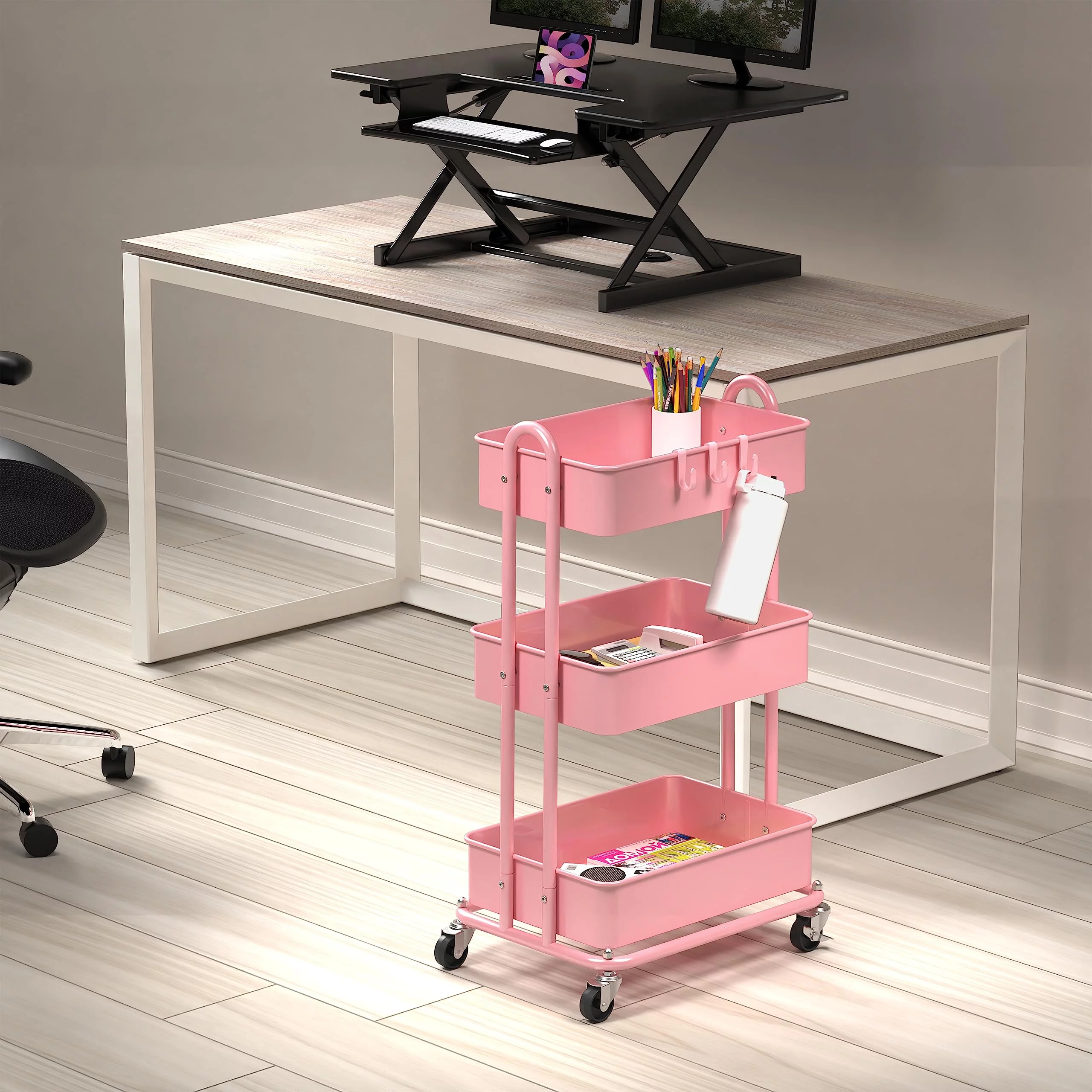 SHW 3-Tier Metal Rolling Utility Cart, Pink