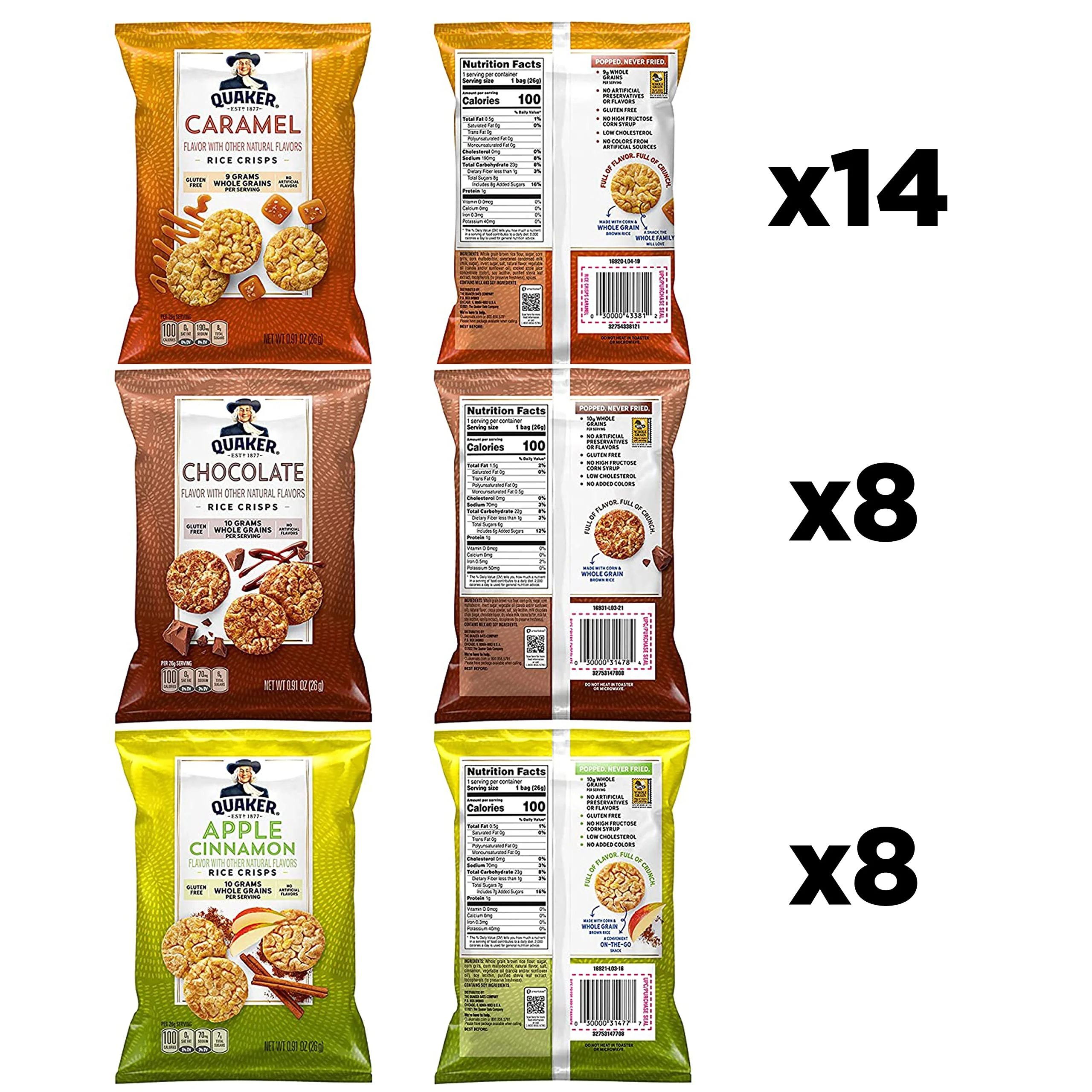 Quaker Rice Crisps, Gluten Free, 3 Flavor Sweet Variety Mix, 0.91Oz Bags (Pack Of 30)