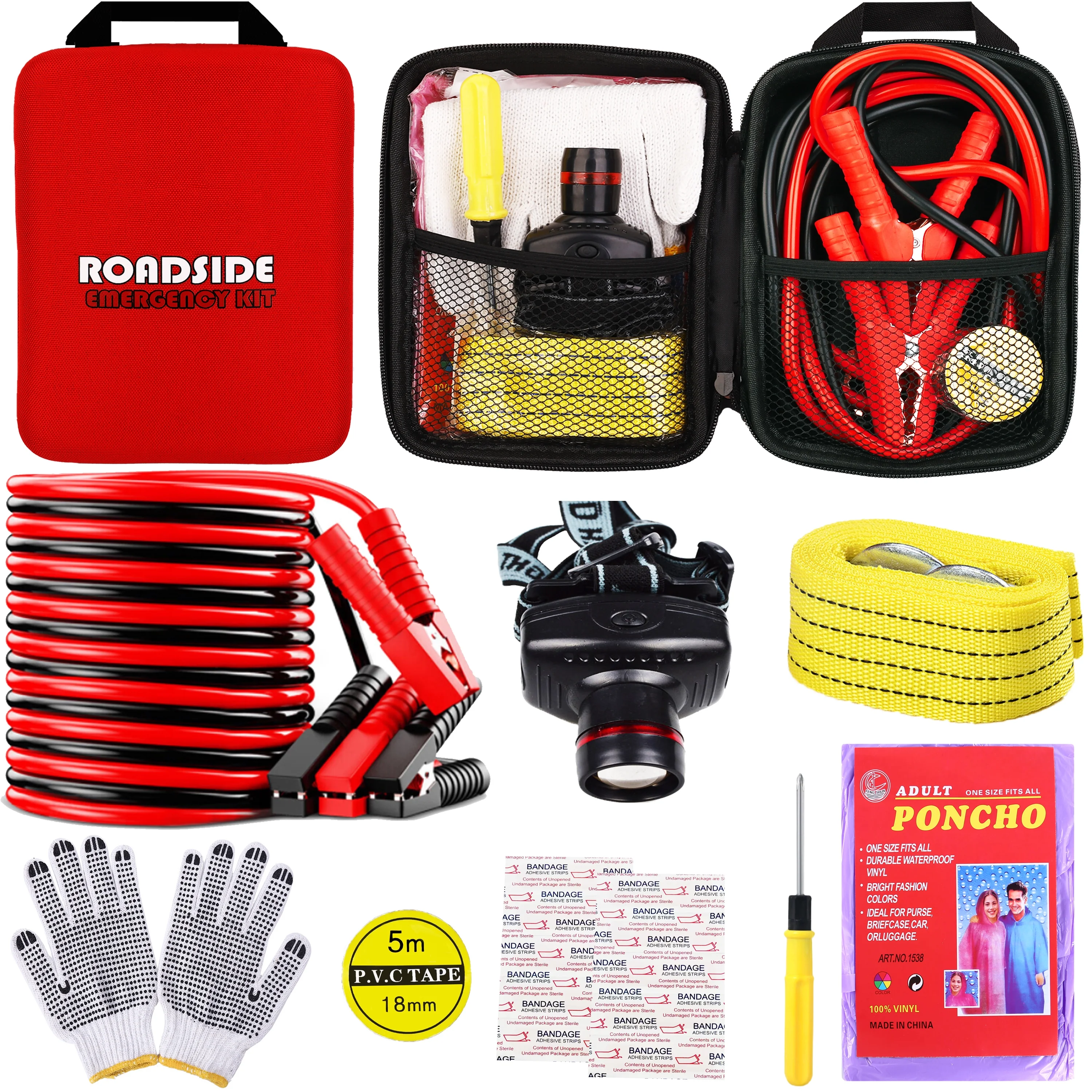 YILAIRIOU Car Roadside Emergency Kit, with Jumper Cables Automotive Kit,Car Safety Roadside Assistance Kit Headlamp,Tow Straps,Screwdrivers, Rainwear, Gloves.Red