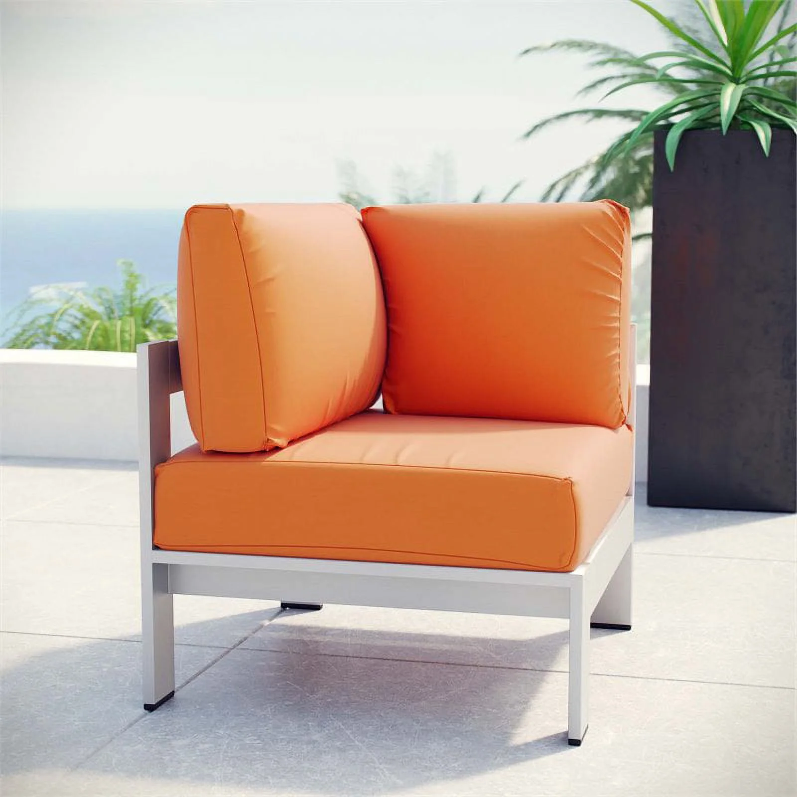 Afuera Living Modern Fabric/Aluminum Outdoor Corner Arm Chair in Orange/Silver