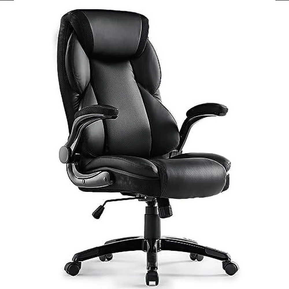 GEROBOOM ERGONOMIC Executive Office Chair Flip Up Arm   Leather Desk Chair Ergonomic Computer Chair  High Back Office Chair with Headrest  Home Office Desk Chairs with Wheels  Black