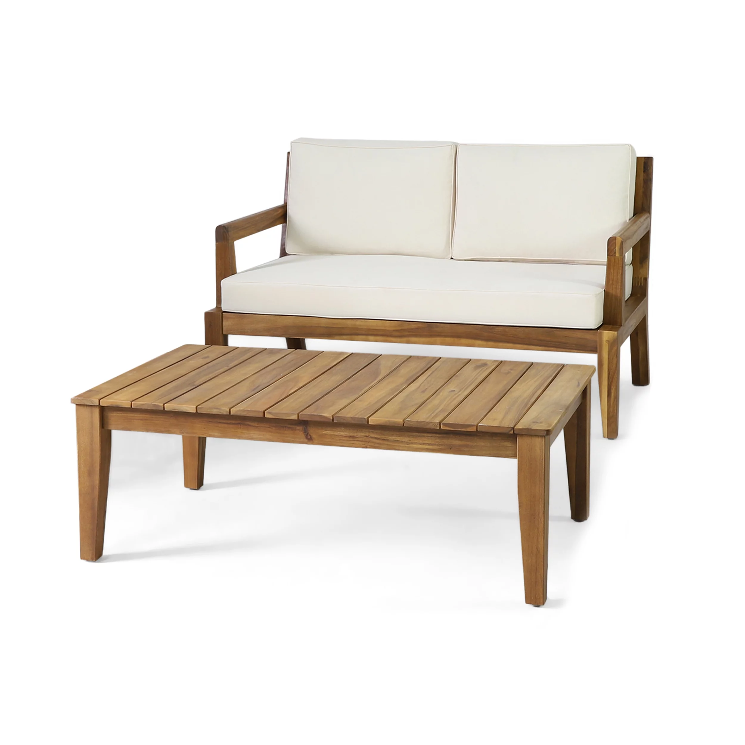 GDF Studio Camak Outdoor Acacia Wood Loveseat and Coffee Table Set, Teak, Beige