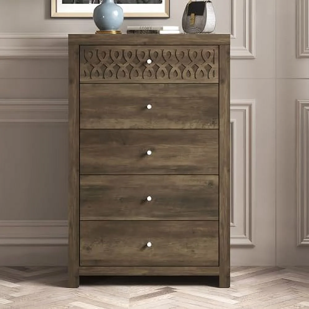 xrboomlife Lavish 5 Drawer Dresser Clothes Organization for Bedroom Tall Wood Chest Drawer Laser Cut Design Easy Assembly 16.06" D x 29.61" W x 45.12" H Knotty Oak