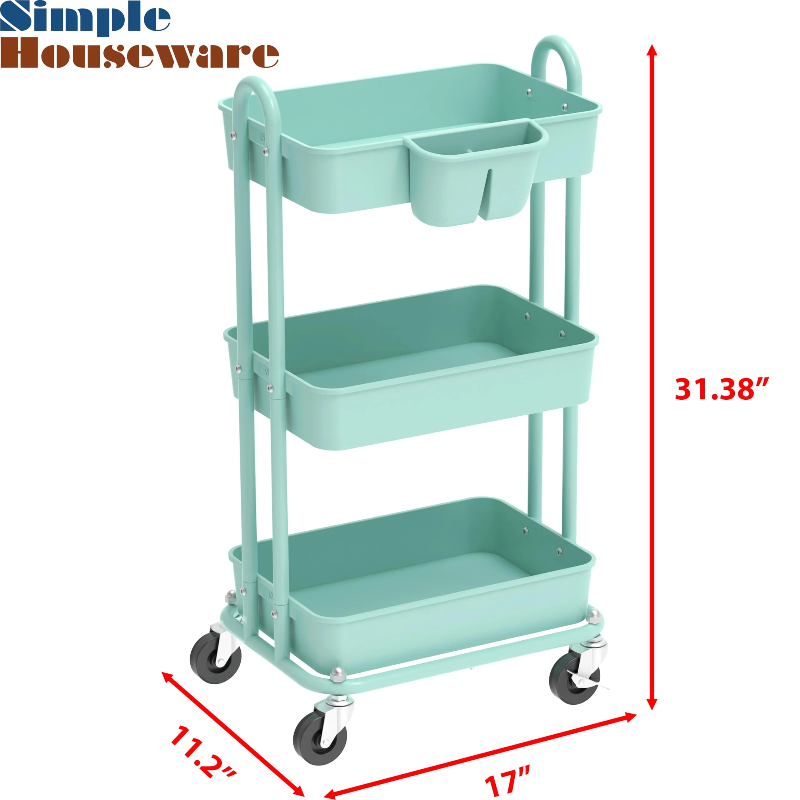 Simple Houseware 3-Tier Multifunctional Rolling Utility Cart with Hanging Bucket, Turquoise