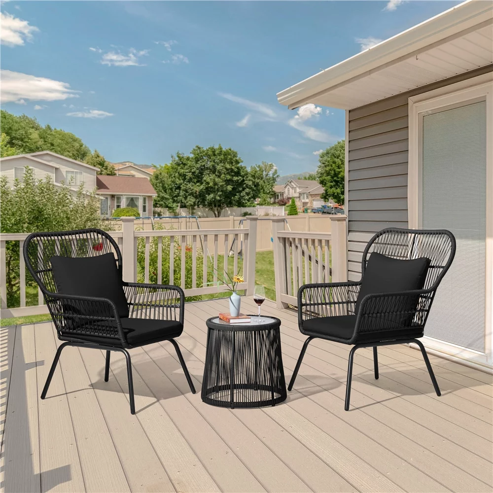 Renwick 3-Piece Patio Bistro Furniture Set with Pillows, Black