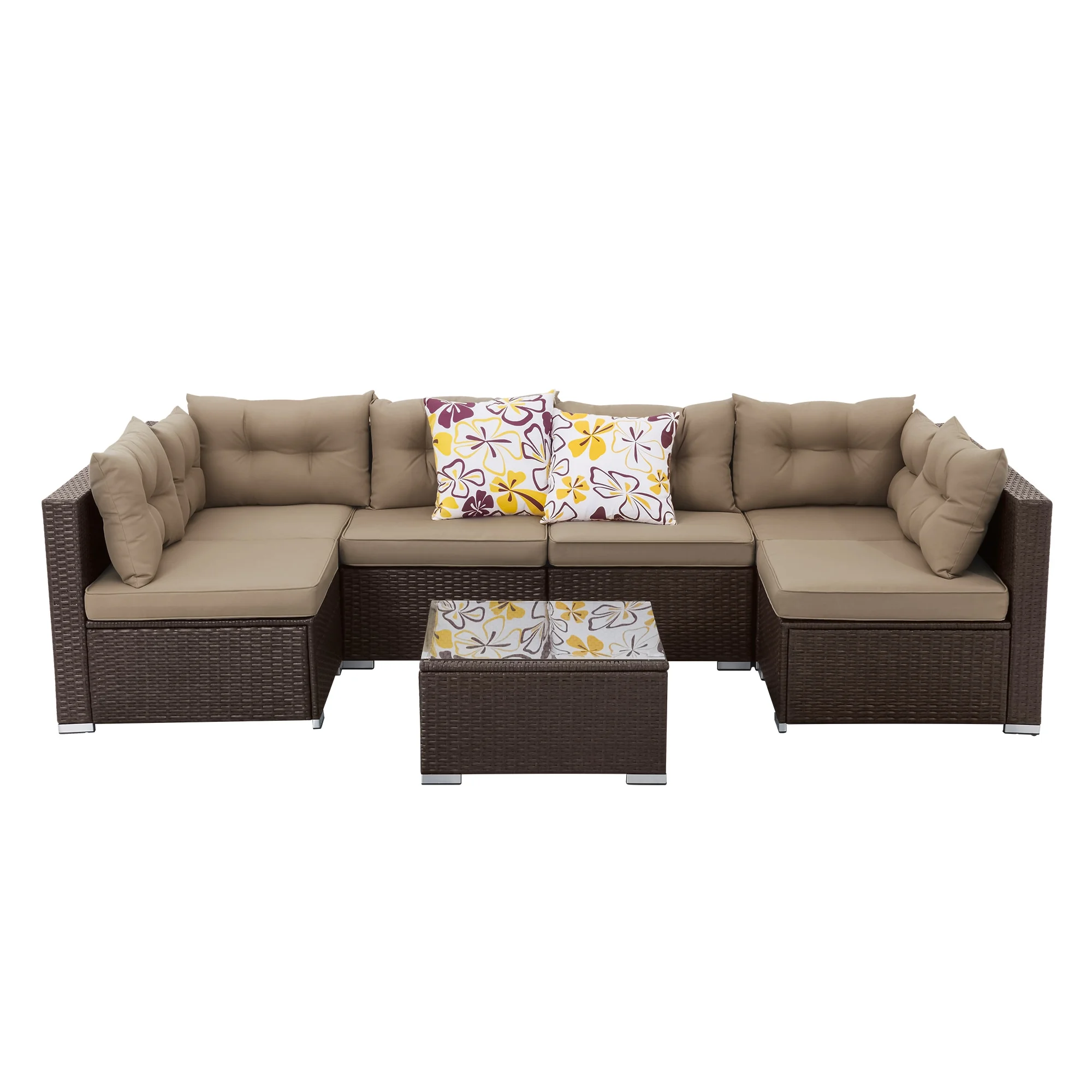 ModFusion 7-Piece Outdoor Patio Wicker Furniture Set, All-Weather Sectional Conversation Waterproof Sofa and Rattan Table, Dark Beige