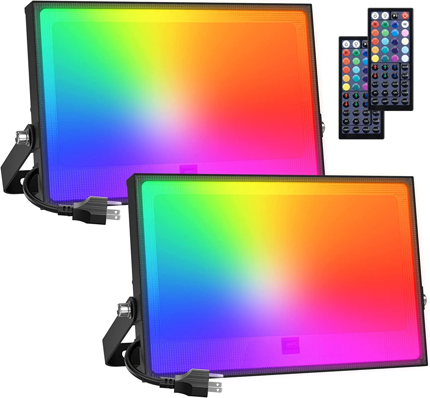 RUO 2 Pack RGB LED Flood Light 800W Equivalent, 100W Color Changing Floodlight with 44 Keys Remote, IP66 Waterproof Spot Lights Outdoor, Christmas Uplights 20 Colors 6 Modes for Stage, Party