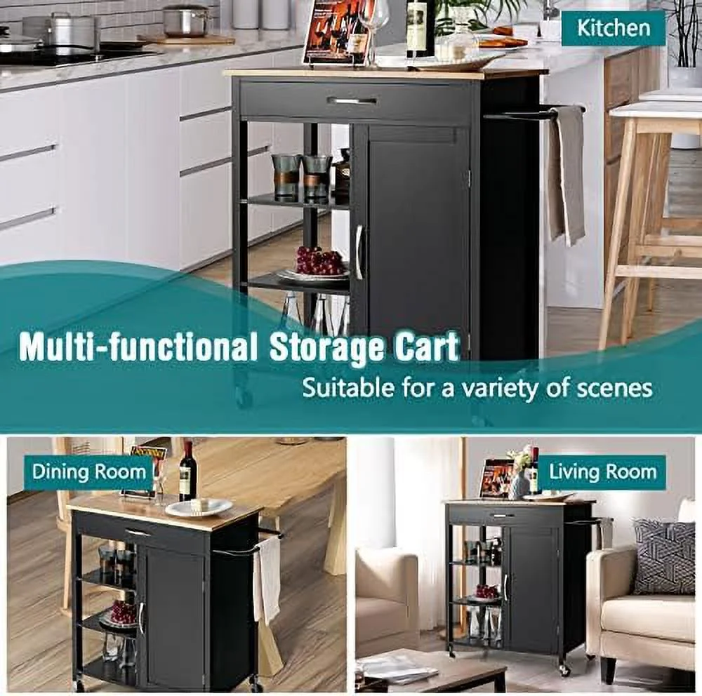 GVJMTKP Kitchen Island with   Rolling Kitchen Cart with Towel Rack   Drawer  and 3-Tier Open Shelves  Kitchen Island on Wheels with Rubber Wood Top  34.5 x 18.5 x 36.5 Inches (Black)