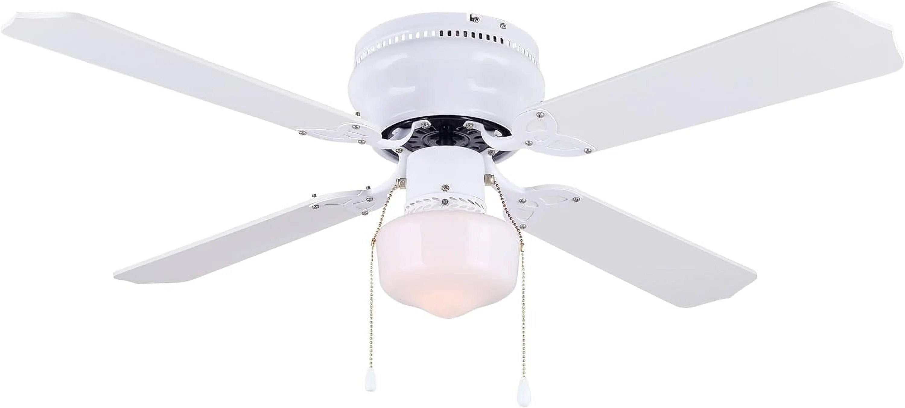 42-Inch Hugger Ceiling Fan - Schoolhouse Glass Light, Reversible White/Bleached Oak Blades, Energy-Efficient LED Bulb Included, Sleek Design Perfect for Home & Office