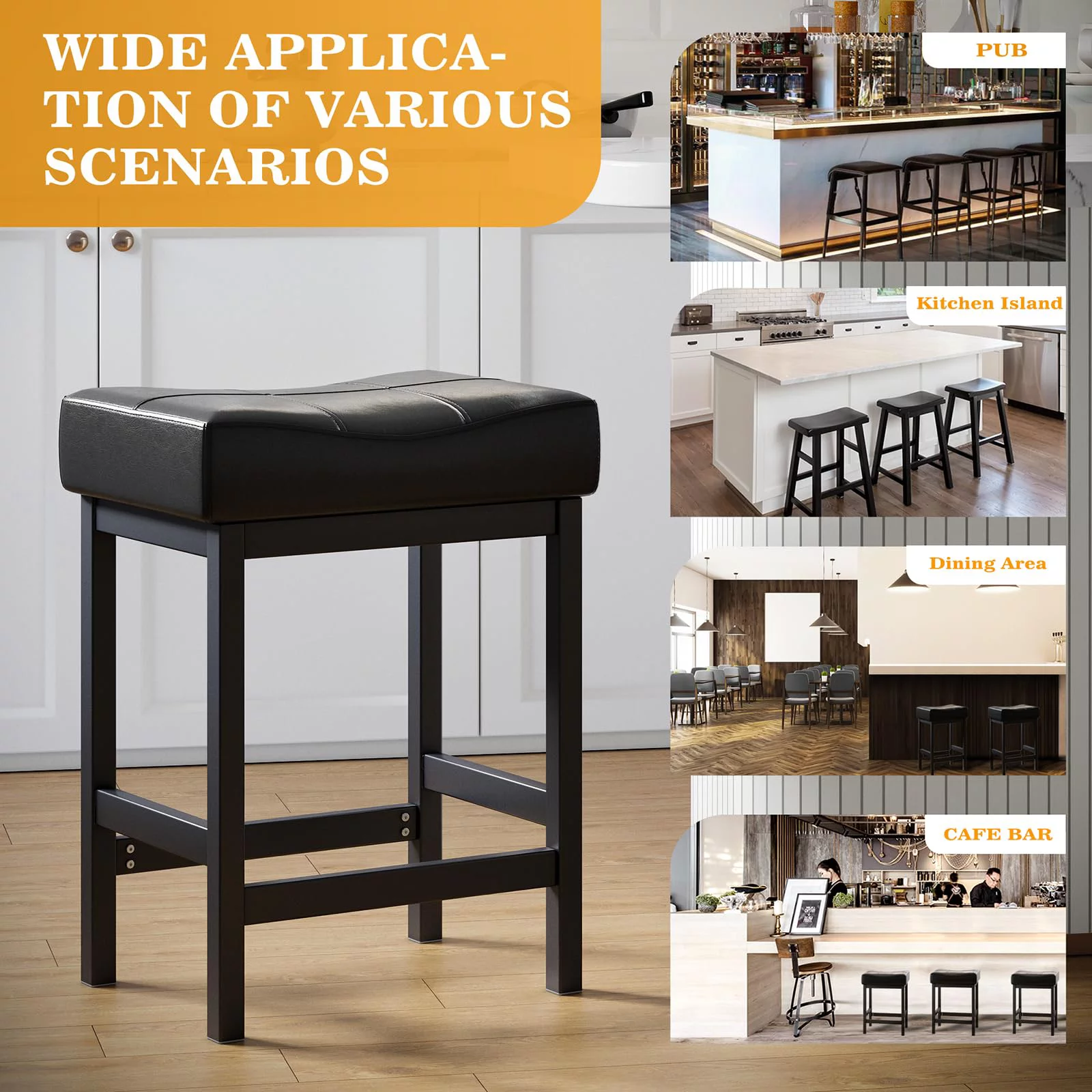 Relefree Bar Stools Set of 2, Counter Height Backless Saddle Stool, Bar Chairs Kitchen Stools with Footrest, Black