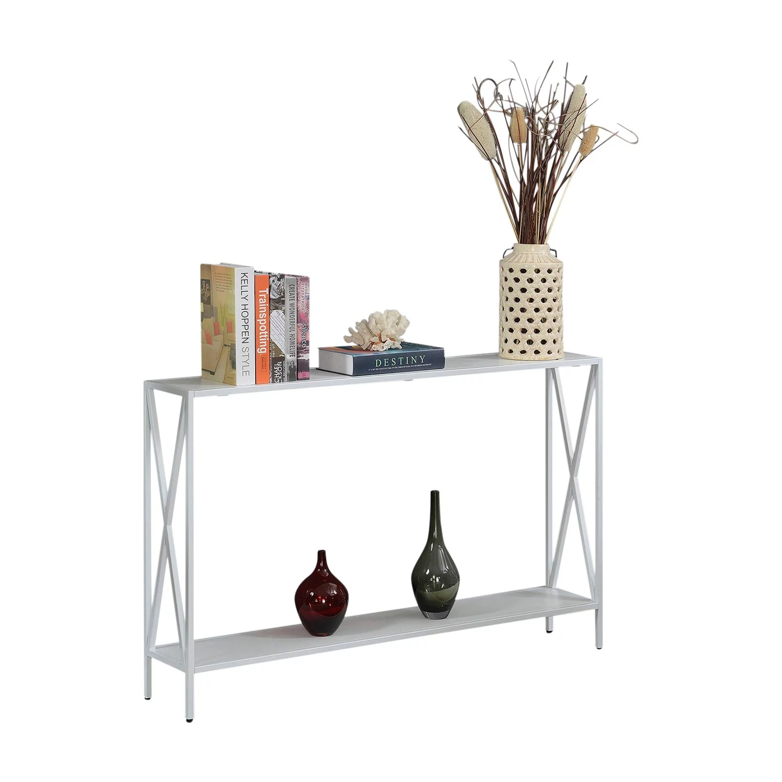 Convenience Concepts Tucson Console Table in White Wood Finish and Metal Frame