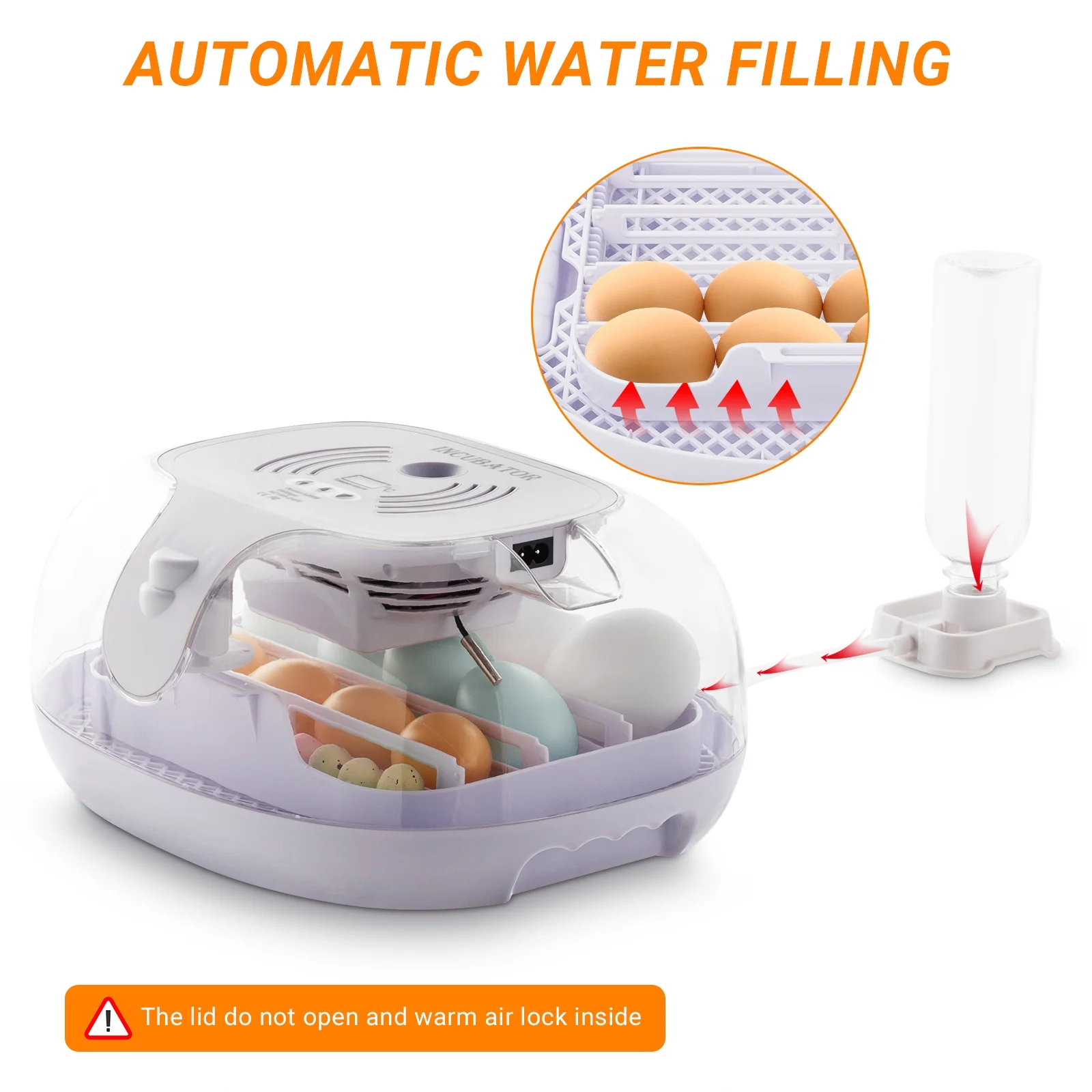 16 Eggs Incubator with Automatic Egg Turning, 360 Degree View, Egg Candler, and Water Adding Function - Ideal for Hatching Chicken, Duck, Quail, and Goose Birds