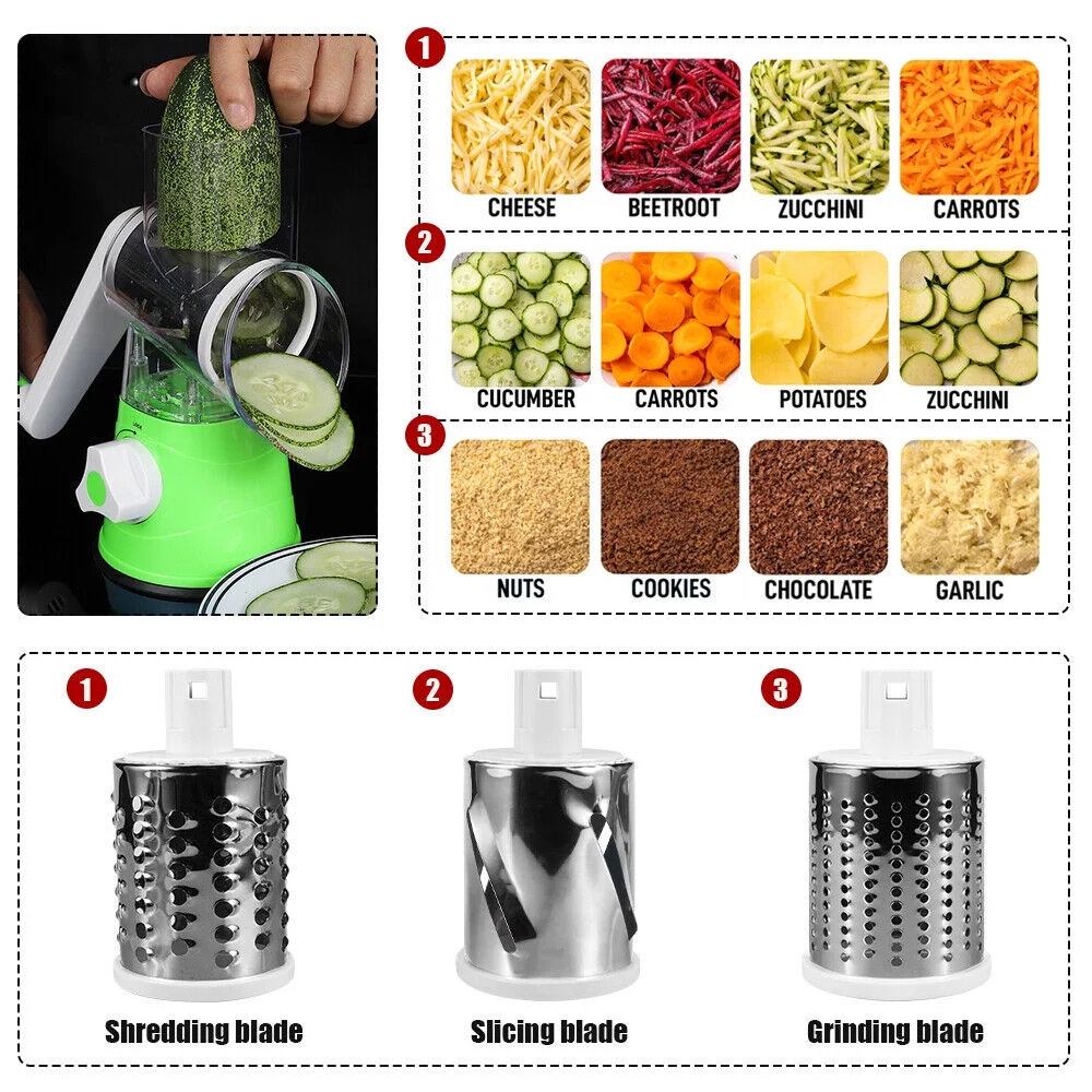 JahyShow Manual Rotary Potato Grater Kitchen Mandoline Vegetable Slicer，with 3 stainless steel vegetable cutting tubes，Easy to use (Green)